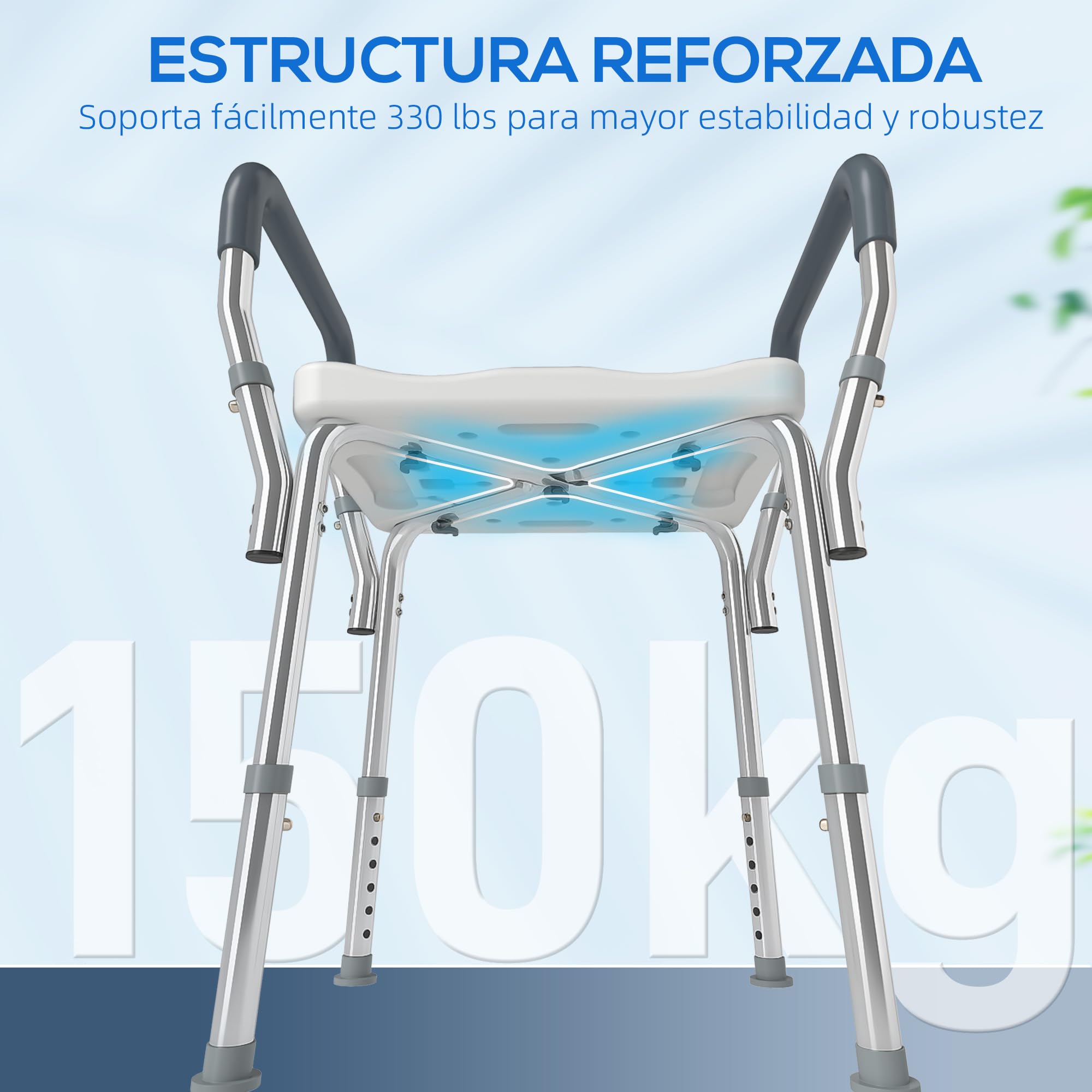 HOMCOM Taburete de Ducha Silla Ducha Personas Mayores con Altura Regulable Silla para Ducha de Aluminio Antideslizante Carga 150 kg para Ancianos y Discapacitados