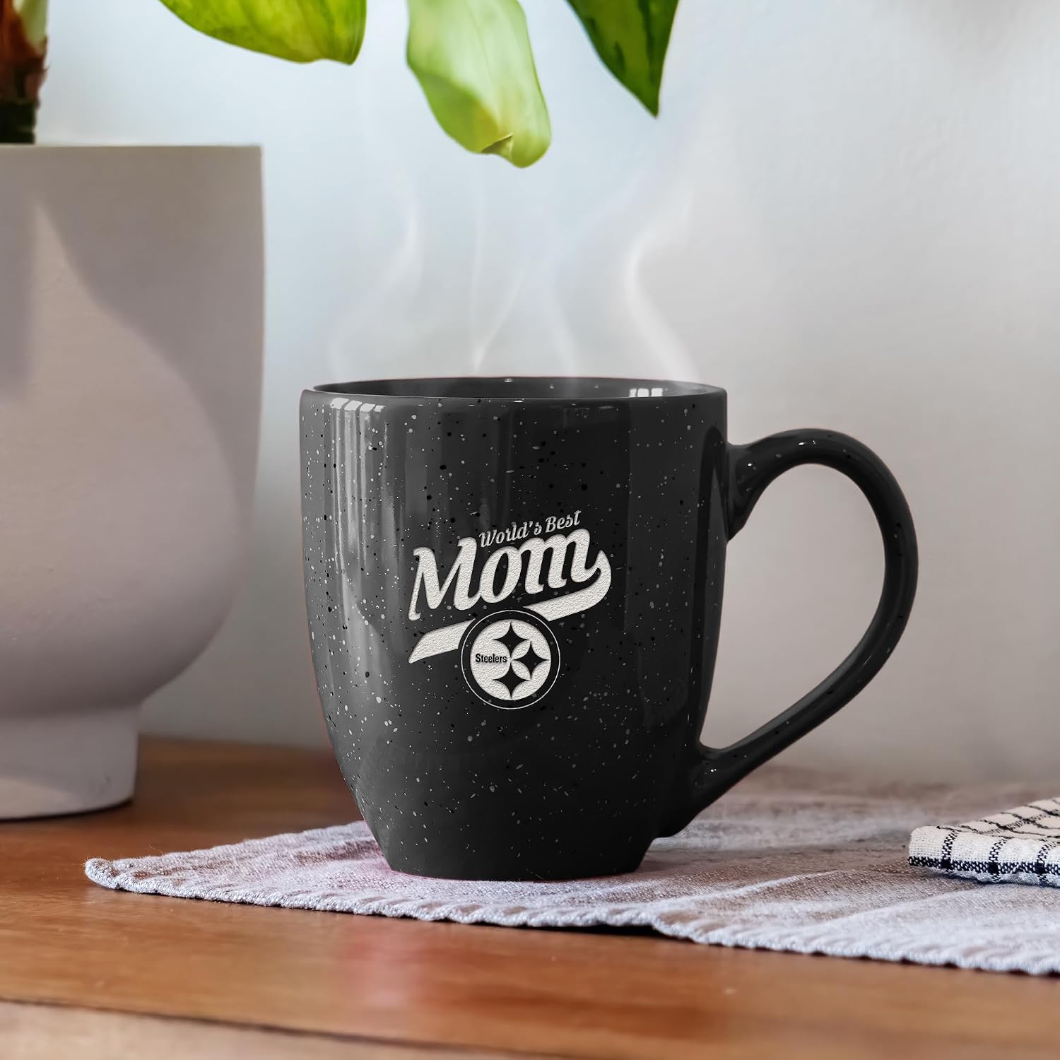 Rico Industries NFL Football Pittsburgh Steelers Mom-Black 16 oz Team Color Laser Engraved Speckled Ceramic Coffee Mug image 2