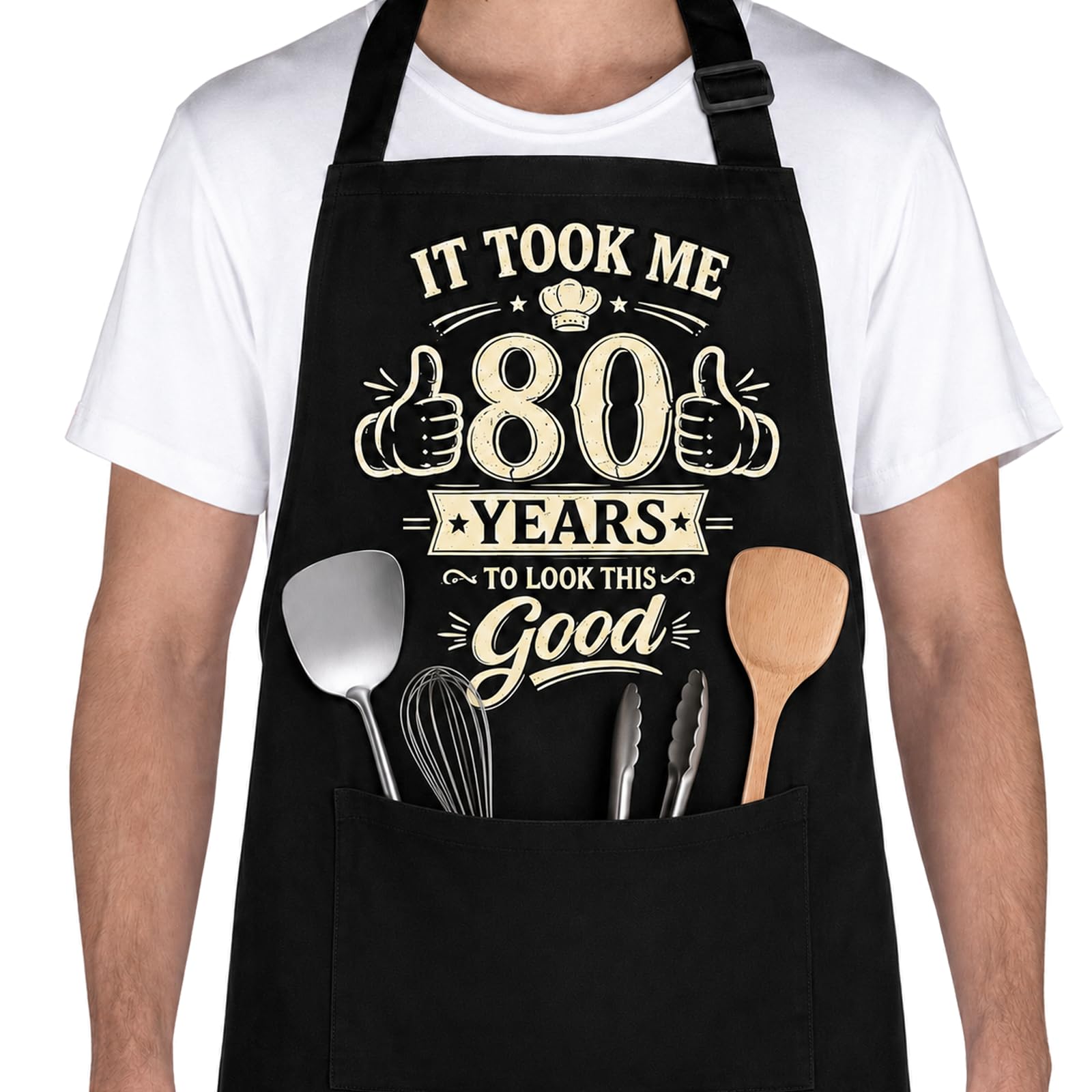 RUQVKWLA Funny 80th Birthday Gifts for Men, Black Cooking Apron with 1 Large Pocket, Great Gift for 80 Year Old Man, 80th Birthday Presents for Dad Grandad, Waterproof Kitchen Apron For Grilling