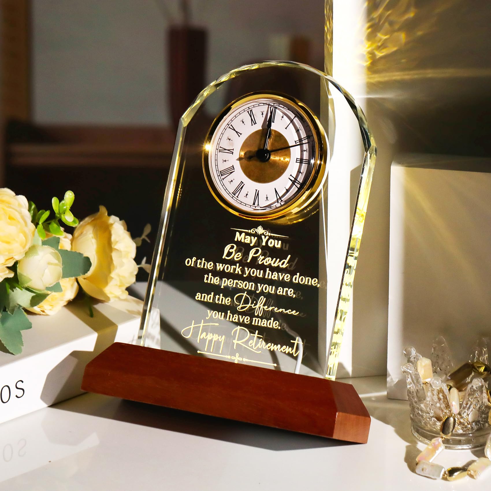 Arikyrist Crystal Desk Clock Retirement Gifts for Women Men Glass Keepsake Quartz Clock with LED Light Happy Retirement Leaving Far-well Retired Presents for Coworkers Colleagues Friends - Image 2