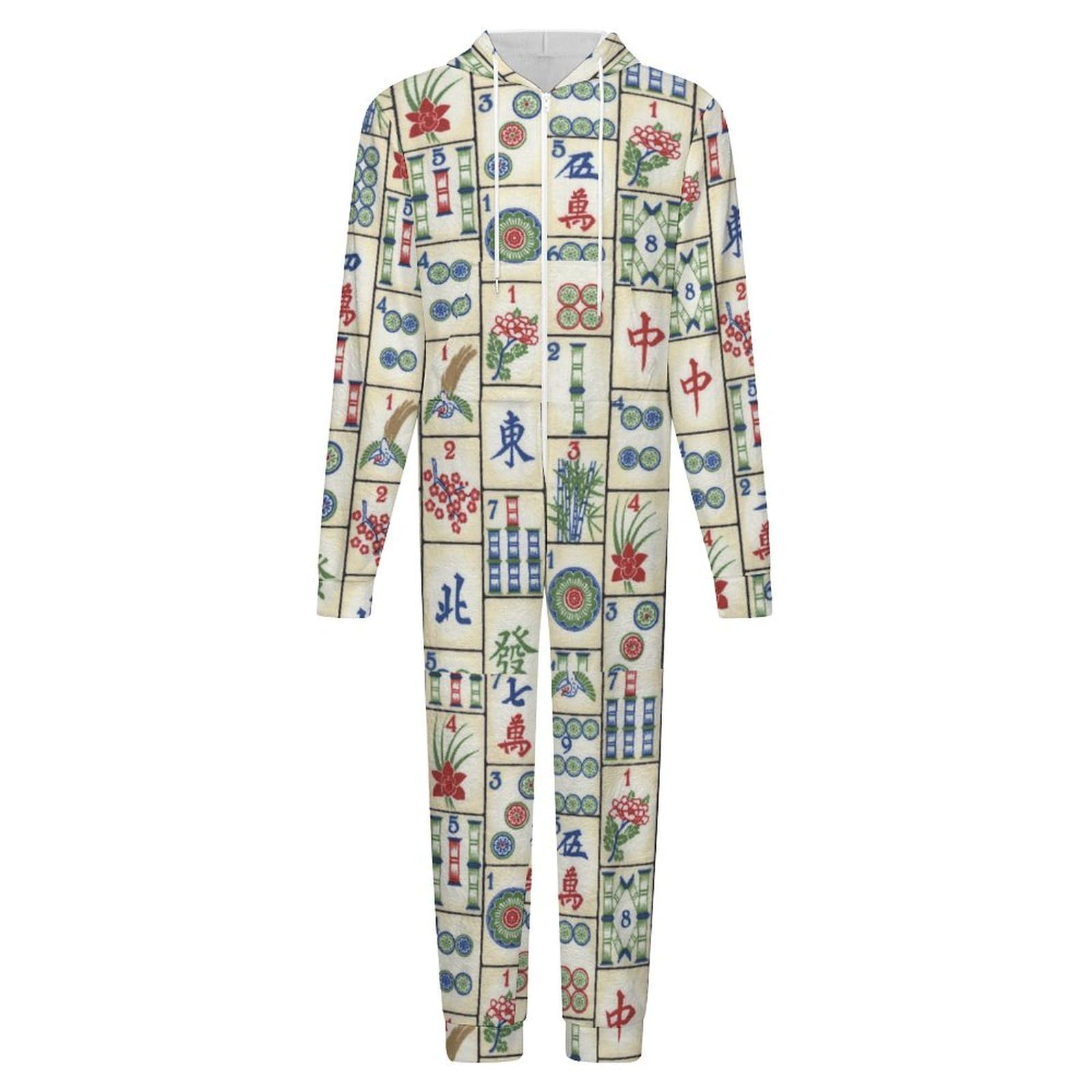 Fun Mahjong Herren-Schlafanzug, Einteiler, Flanell, lange Ärmel, Nachtwäsche