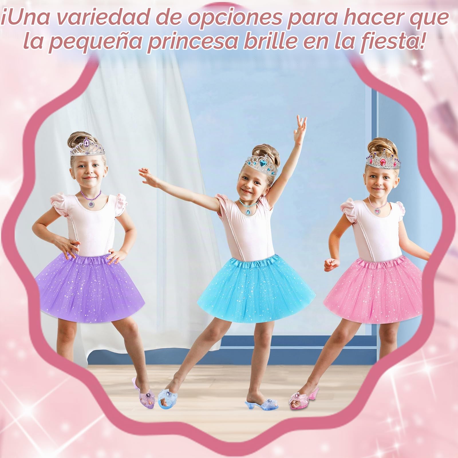 Zapatos Princesa Niñas con Maquillaje, Princesa Juguetes Niña con 3 Pares de Zapatos, 3 Tutu Niña, Corona, Collar, Regalos Niñas para Navidad Cumpleaños para 3 4 5 6 Años