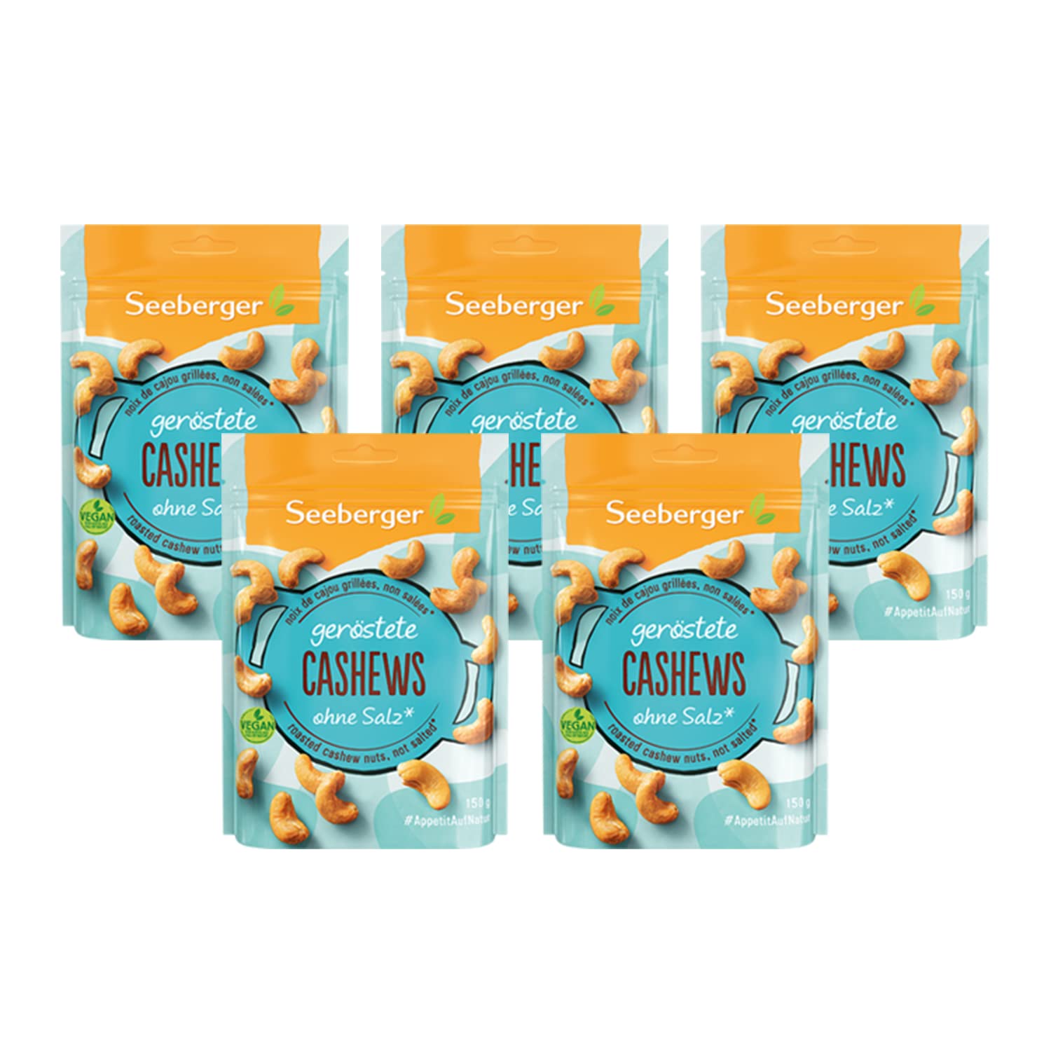 Seeberger Cashewkerne geröstet 5er Pack: Knackige Cashew Nüsse schonend veredelt - Snack ohne Salz, vegan (5 x 150 g)