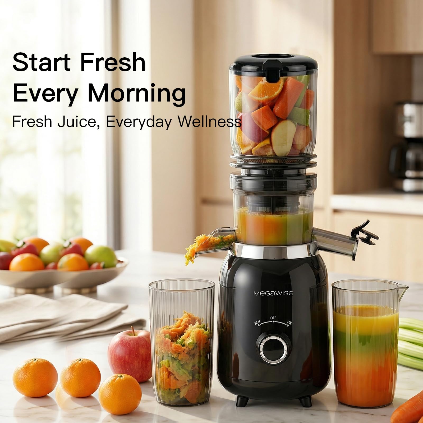 MEGAWISE Presse-agrumes à froid, presse-agrumes 800 W pour fruits et légumes, jus riche en nutriments, fonctionnement silencieux, montage et nettoyage faciles, convient pour la maison