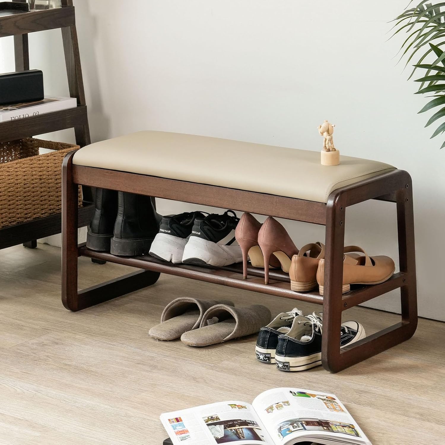 Shoe Bench, Entryway Bench with Leather Cushion, Solid Wood Shoe Rack, Mid Century Modern Bench, Shoe Storage, Shoe Organizer for Entryway (Grey, 31.5" W) Grey 31.5"W