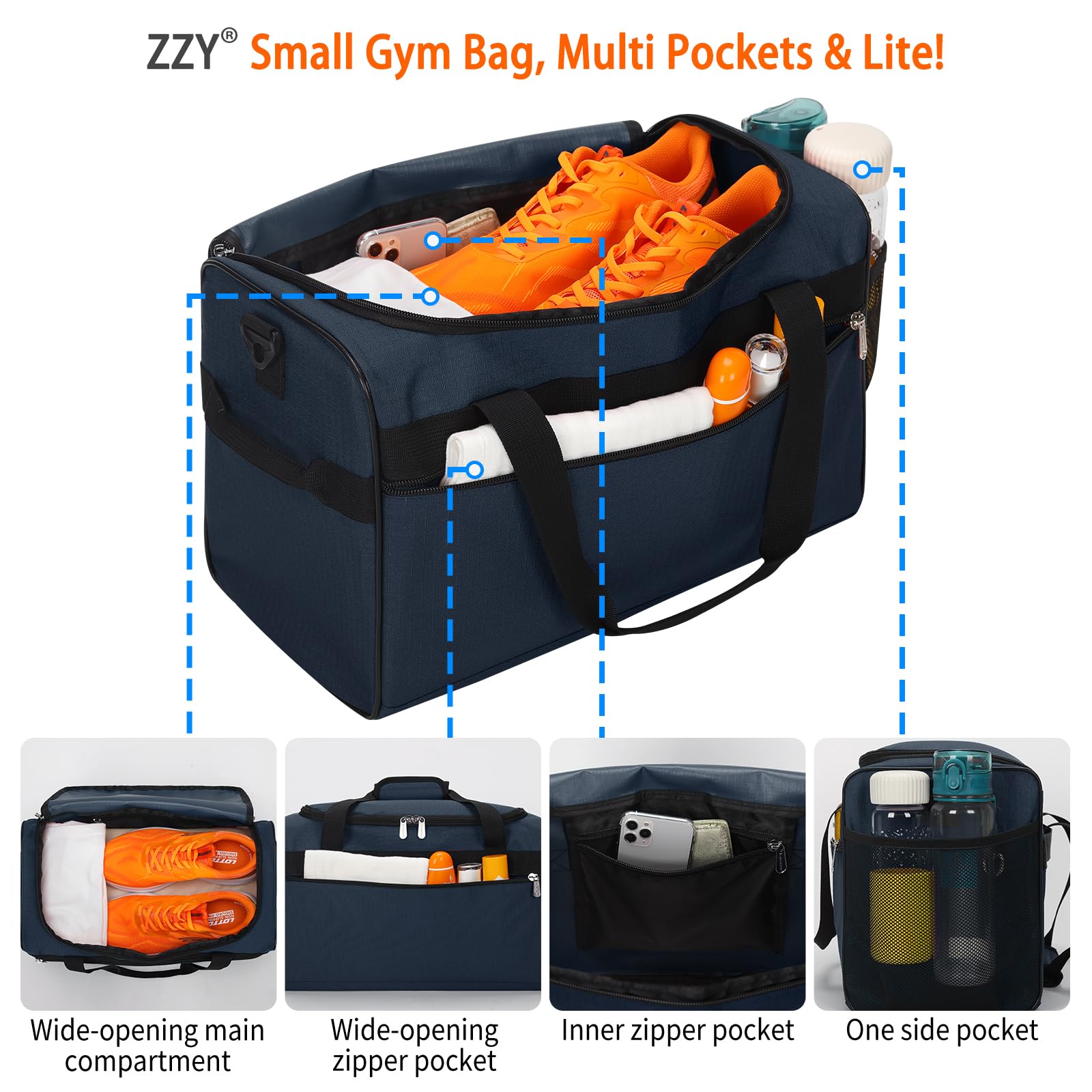 ZZY 20L Sporttasche Klein, Ryanair Handgepäck 40x30x20, Kleine Reisetasche, Trainingstasche Gym Bag & Weekender für Damen und Herren (Marineblau) - 3