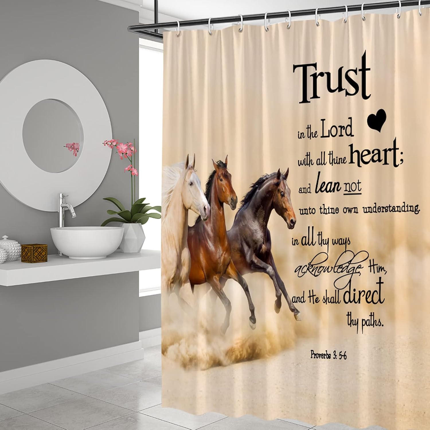 Horse Shower Curtain Inspirational Quote Trust in The Lord with All Thine Heart Motivational Rustic Farmhouse Polyester Fabric Bathroom Set with Hooks 84Wx70H Inch
