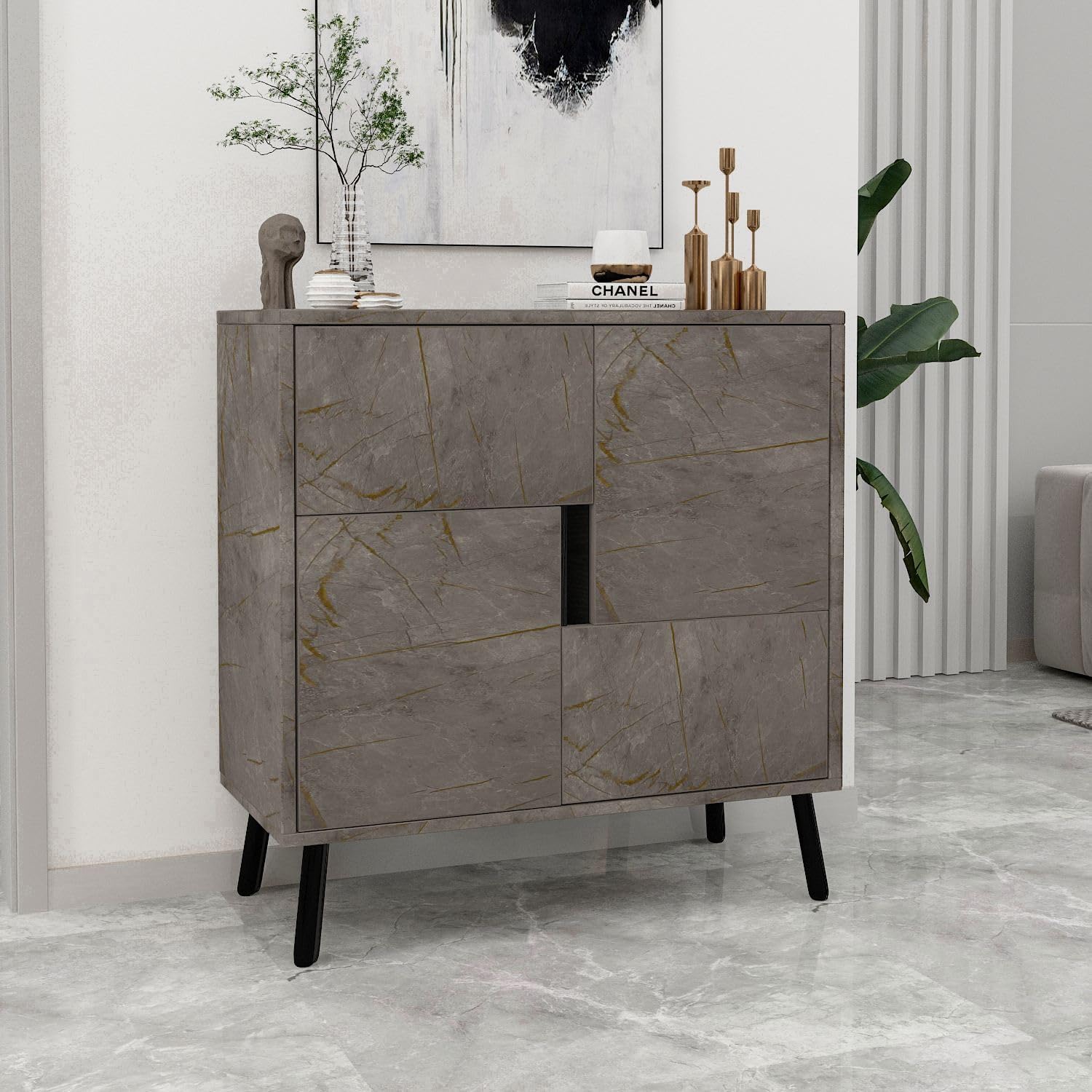 Multi-Purpose Cabinet, Marble & Black Wood, 76.5 x 79.5 x 35 cm, 100% Melamine Coated, 18 mm Thick, Wall Mounted, Stylish Storage Solution