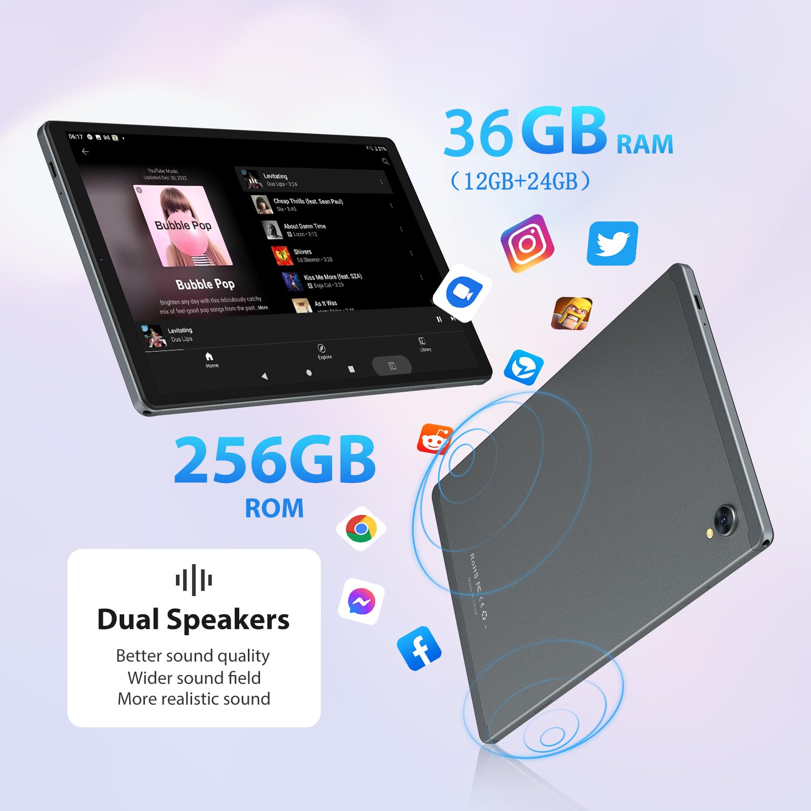 Android Tablet 10.6 Pulgadas, 4G SIM LTE & 5G WiFi, 36GB RAM, 256GB ROM (TF 1TB), 2000 * 1200, 8000mAh, 13MP+8MP, GPS, Octa-Core, Tablet con Teclado|Ratón|Estuche|Auriculares-Gris