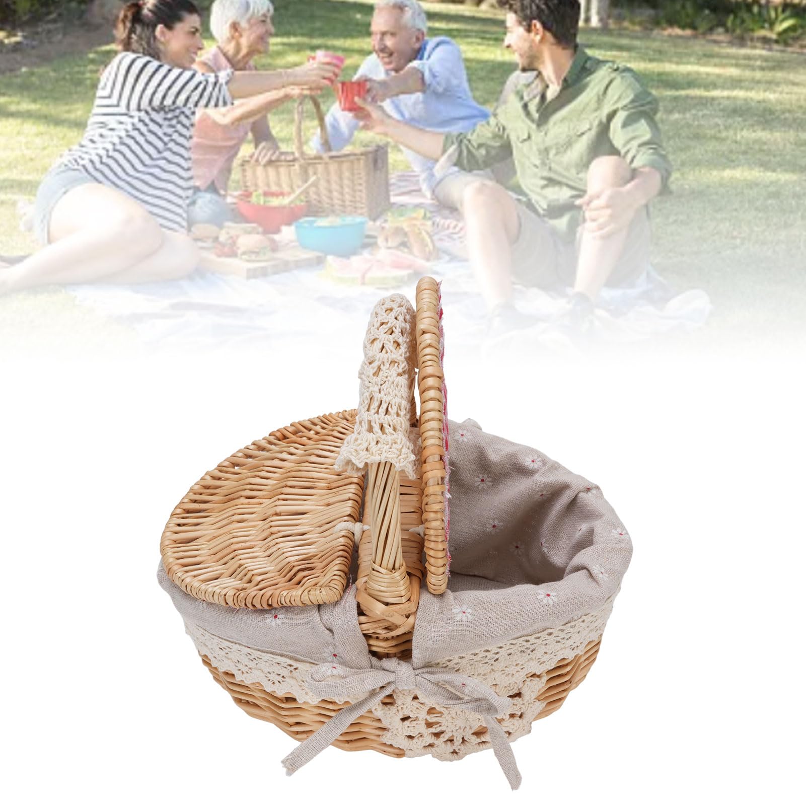 Picnic Basket, Small Wicker Basket with Foldable Handle Lid & Removable Liner | Cute Picnic Toy Empty for Kids, Gift, Halloween, Christmas, Valentines, Easter, Birthday, (Daisy)