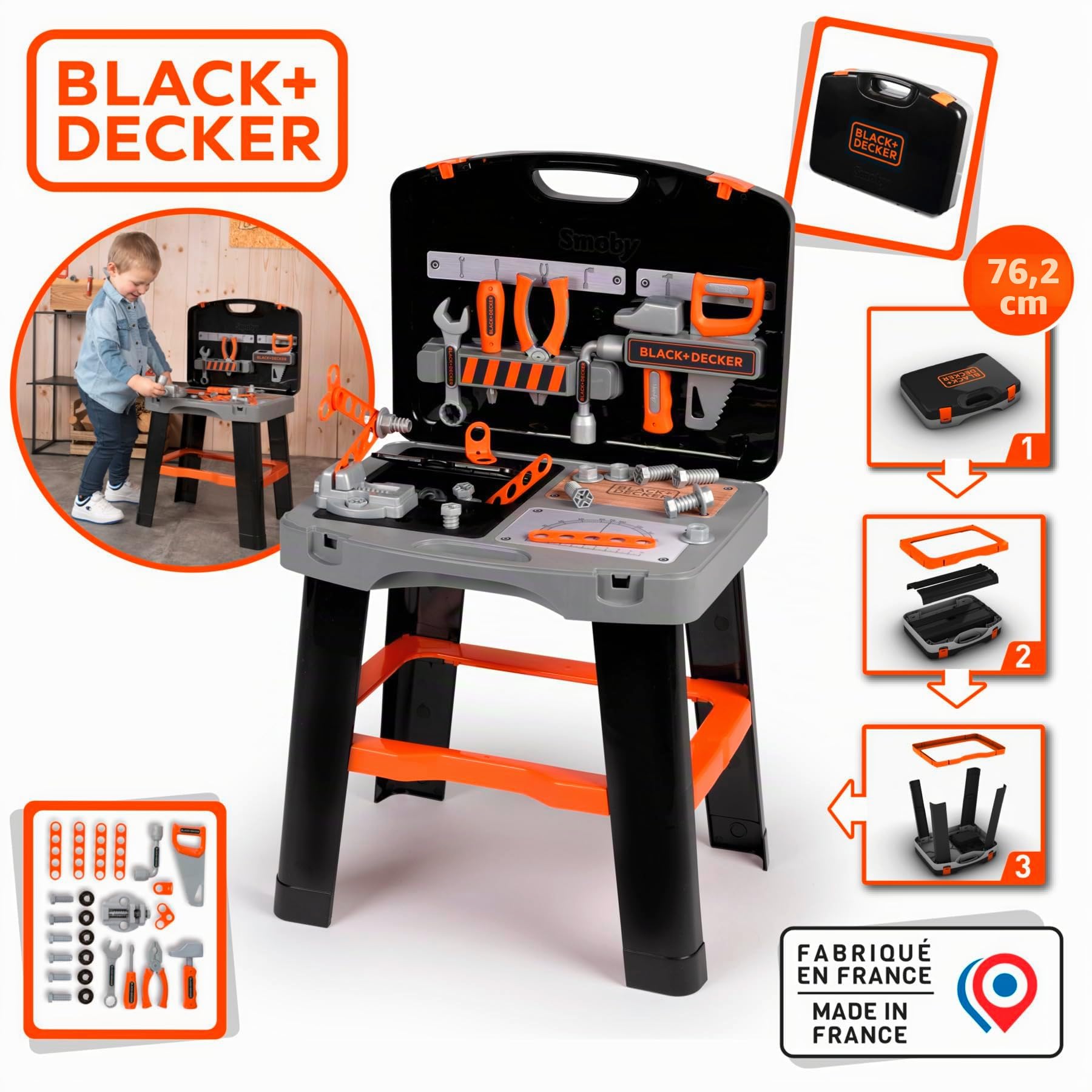 Smoby - Black+Decker - Etabli Bricolo Smart - Jouet Bricolage Enfant - 33 Accessoires et Outils - Scie, Marteau, Tournevis et Autres - A Partir de 3 Ans - Fabrication Française