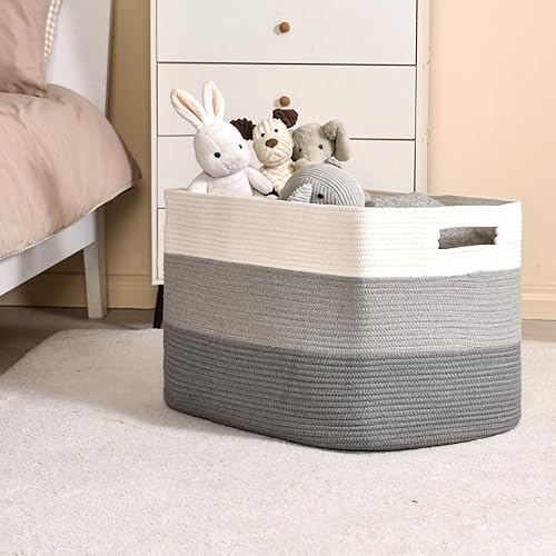 Miniatura 35 de Cesta grande para manta para sala de estar, canasta de almacenamiento rectangular, canasta grande para mantas, cestas de cuerda de algodón tejida