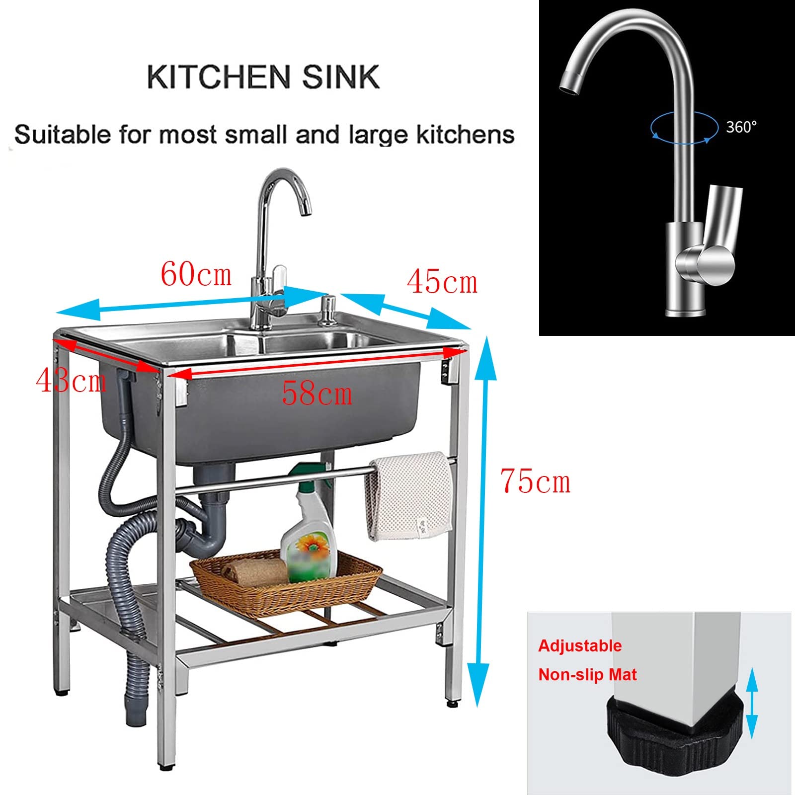Edelstahlspüle Spülbecken, Edelstahl Spültisch Küchenspüle Gewerbe-spülbecken, Freistehendes Spüle Mit Werkbank Heiß-Kaltwasserhahn, Outdoor Waschbecken Garten Waschküche Verstellbaren Füßen