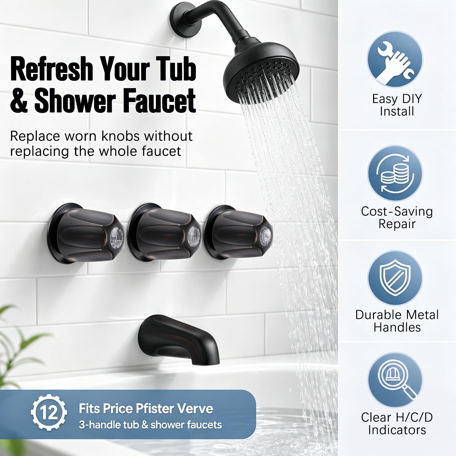 Dreyoo 3-Piece Metal Shower Knob Replacement – Polished Chrome, Compatible With Price Pfister Verve (Hot, Cold, Diverter)