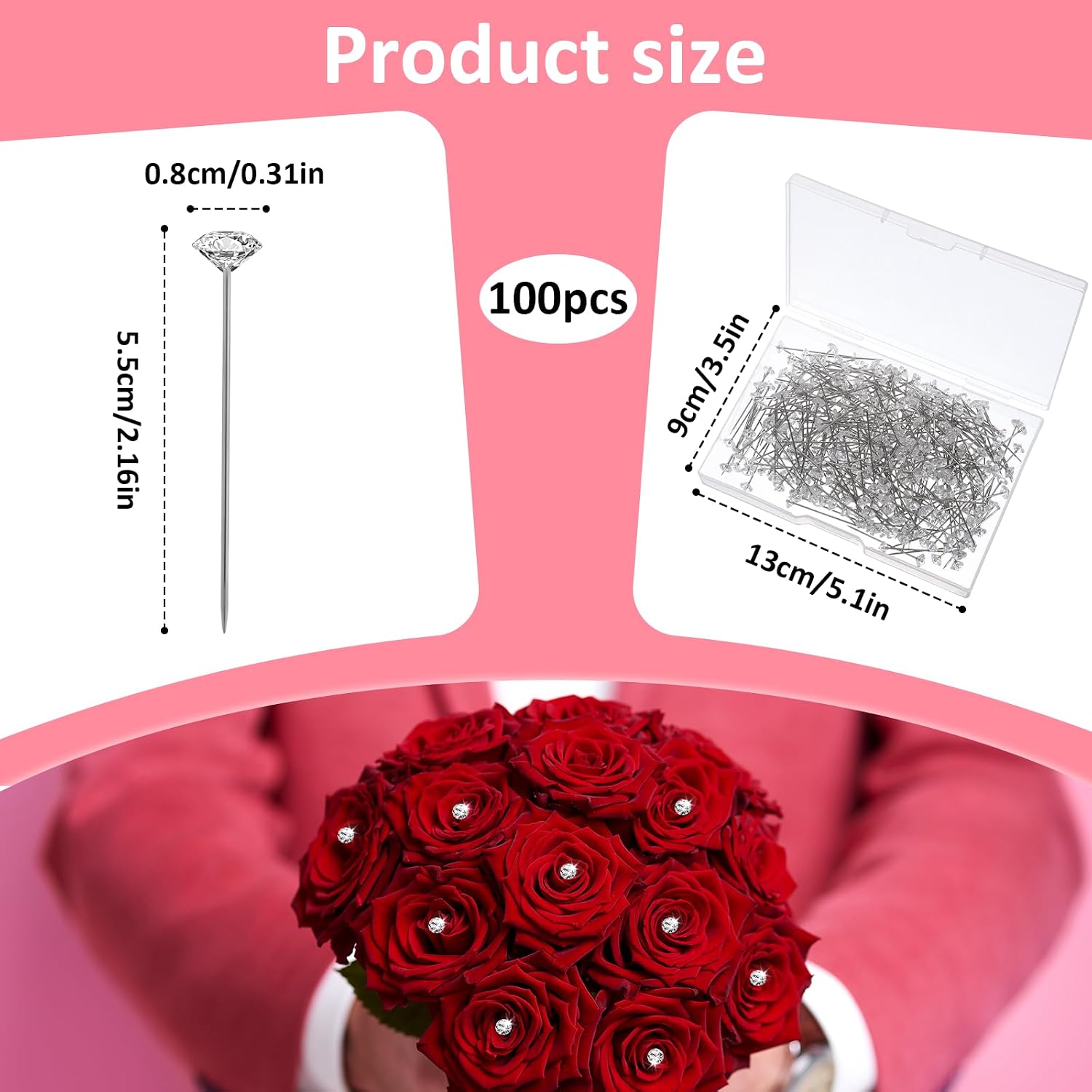100 Pcs Diamond Pins for Bouquets, 2.2 Inch Diamond pins Flower Corsage Pin Crystal Head Bouquet Clear Straight Head Pin for Wedding Bridal Hair Decoration Jewelry DIY Craft Sewing Accessories