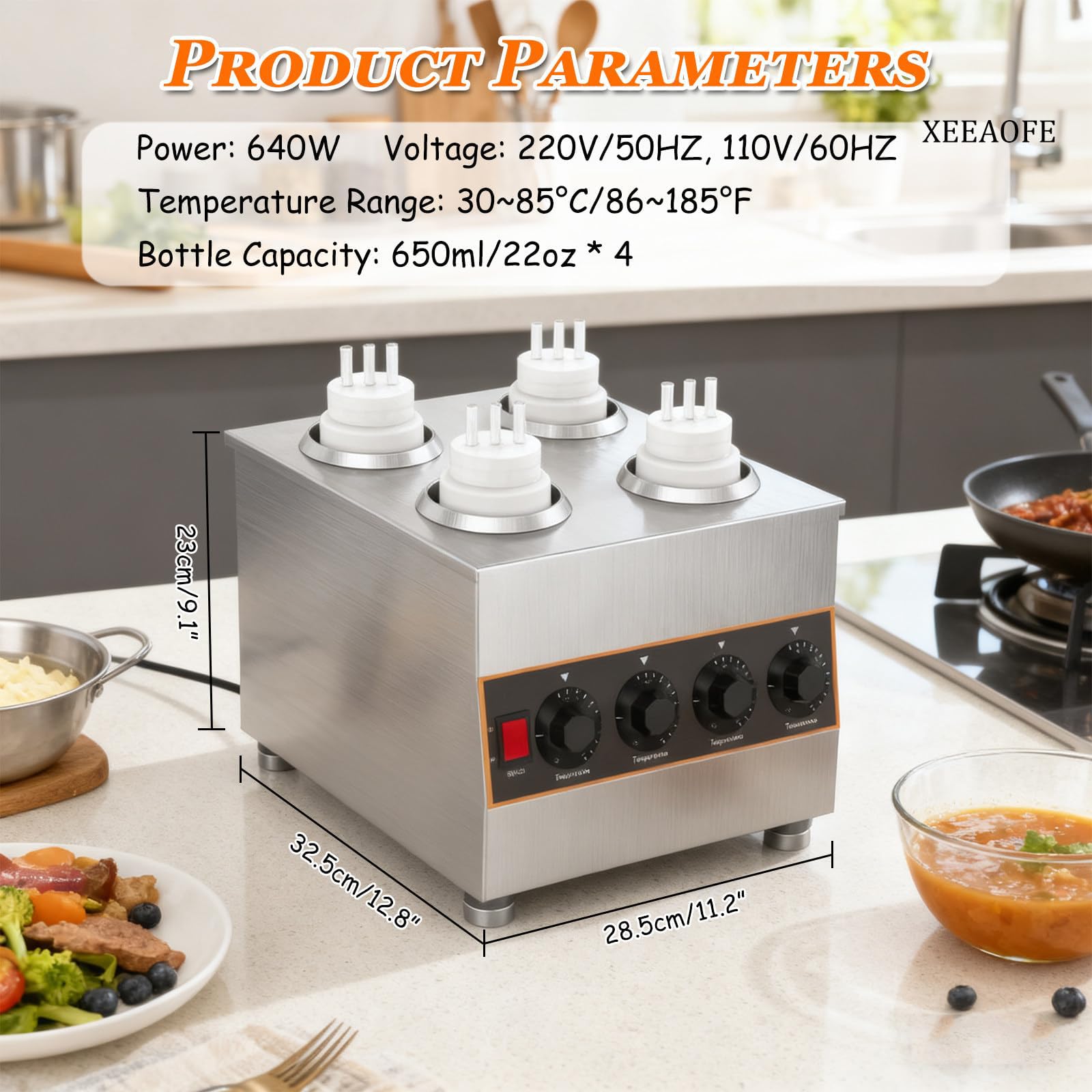 Scalda Salse Professionale, Scaldabottiglie Elettrico A Pressione Da 640 W Con 4 Flaconi A Pressione, Temperatura Regolabile Da 30 A 85 °c, Dispenser Per Marmellate E Cioccolato In Acciaio Inossidabil