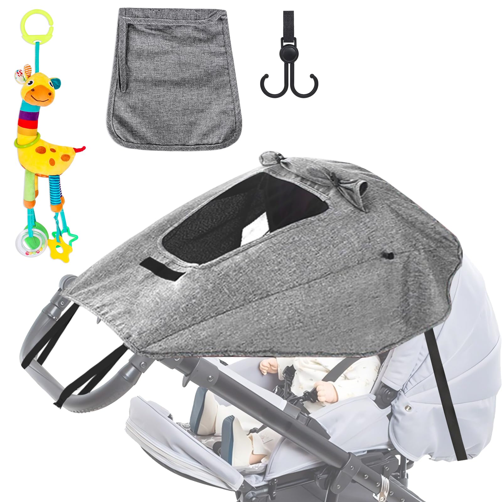 Sonnensegel Kinderwagen UV Schutz 50+ und wasserdicht, sonnensegel für kinderwagen mit Giraffenhänger und Kinderwagenhaken, Verstellbar Universal sonnenschutz buggy mit Sichtfenster (Grau)