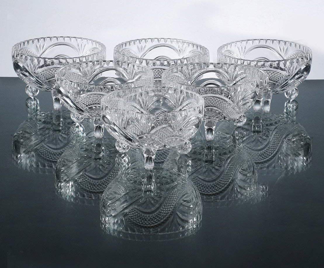 TRUENOW VENTURES Crystal Glass Desert/Pudding Bowl with Hand Cut Design, medium, Clear - Set of 6