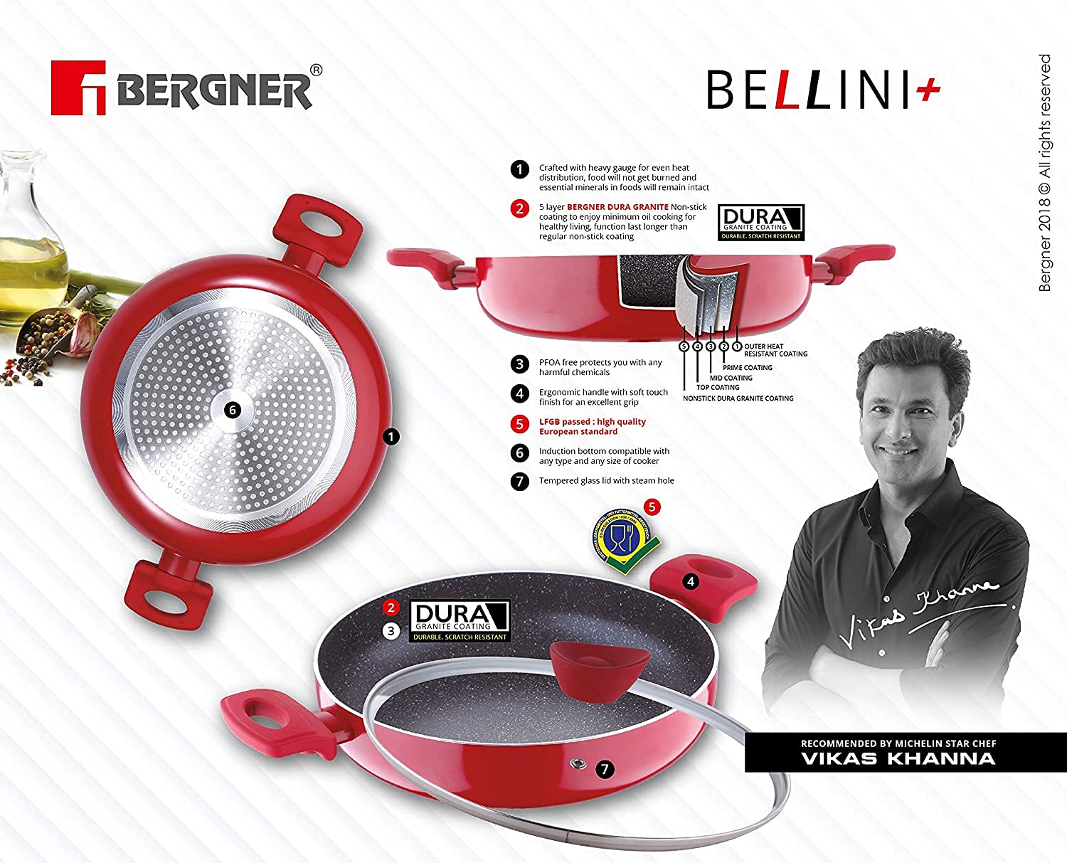 BERGNER Bellini Plus Press Aluminium Kadai with Glass Lid, 28 Cm Induction Base, Red - Image 4 thumbnail
