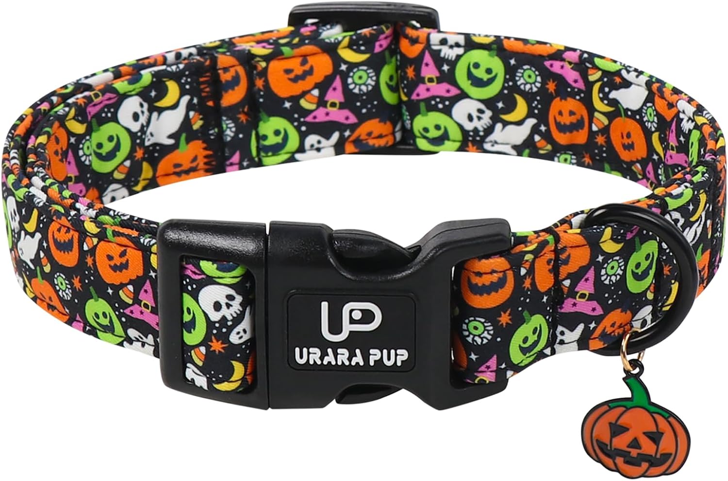 Halloween Pumpkin Dog Collar, Soft Cotton Adjustable Pet Collar with Pumpkin Charm, Quick Release Safety Buckle, Spooky Fall Halloween Collar for Small Medium Large Male Dogs