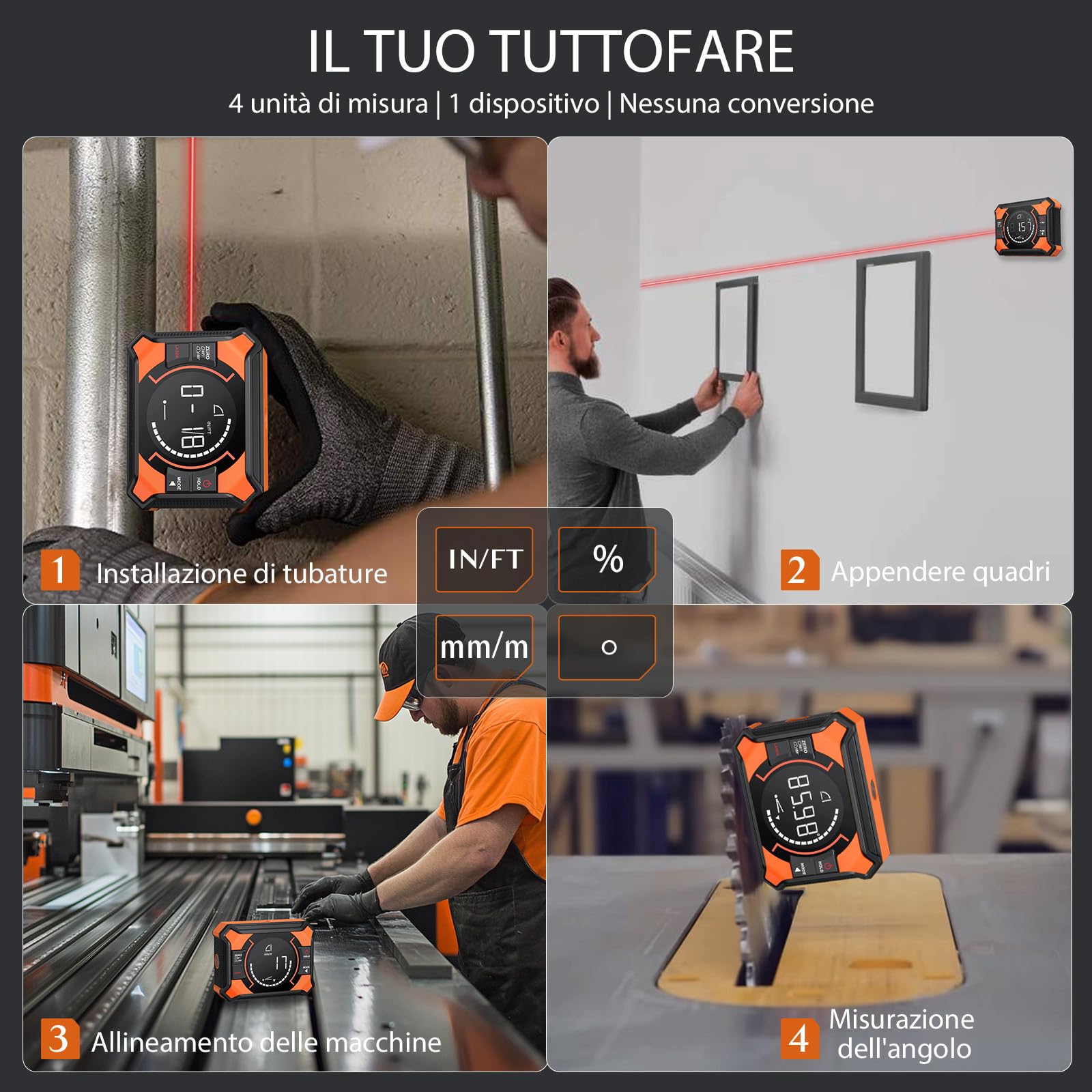 Level Box Digitale 3-in-1,LCD Inclinometro Magnetico Ricaricabile,Angle Finder con Laser Verticale Orizzontale e Incrociata 4x90°2x180°,4 Unità di Misura, per Falegnameria Costruzioni
