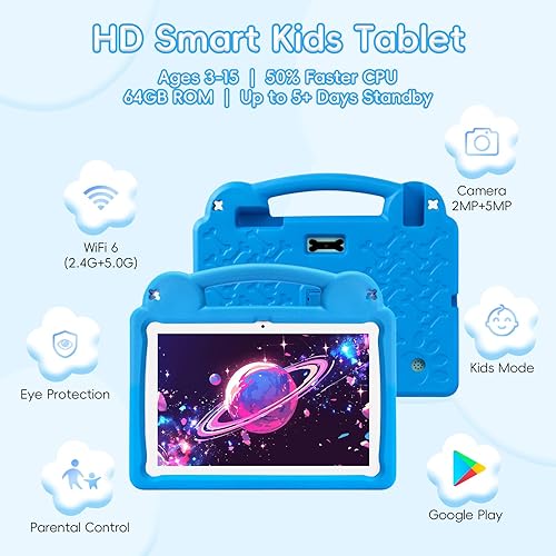 Miniatura 2 de Tableta para niños, tableta Android de 10.1 pulgadas para niños, A523 Octa-Core, 8GB+64GB, batería de 5000mAh con funda azul EVA, Wi-Fi 6 (2.4 GHz y