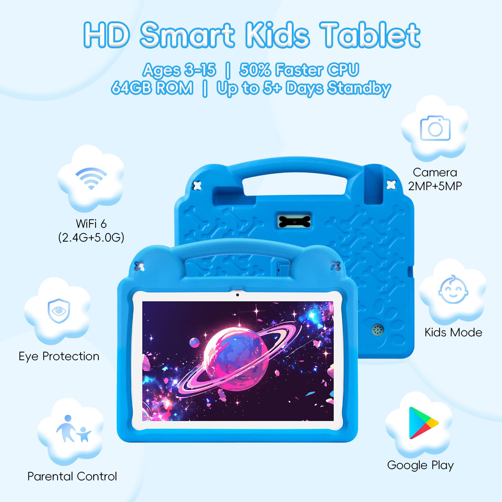 Tablet per bambini da 10,1 pollici, Android 15, con Octa-Core A523, 8 GB+64 GB, batteria 5000 mAh, Wi-Fi 6, controllo genitori, certificato GMS, con custodia in EVA blu