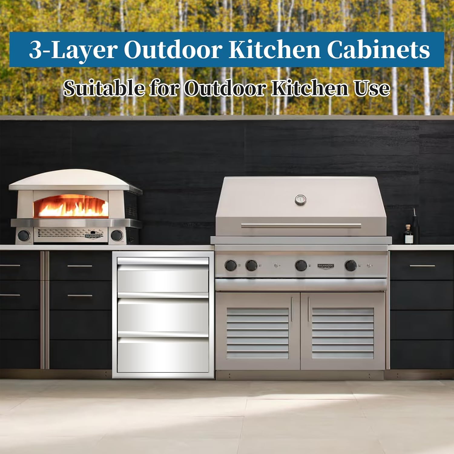 Outdoor Kitchen Drawers 14"Wx21"Hx23"D Flush Mount Access 3-Drawer BBQ Stainless Steel Drawers for Outdoor Kitchen Island or Grill Station