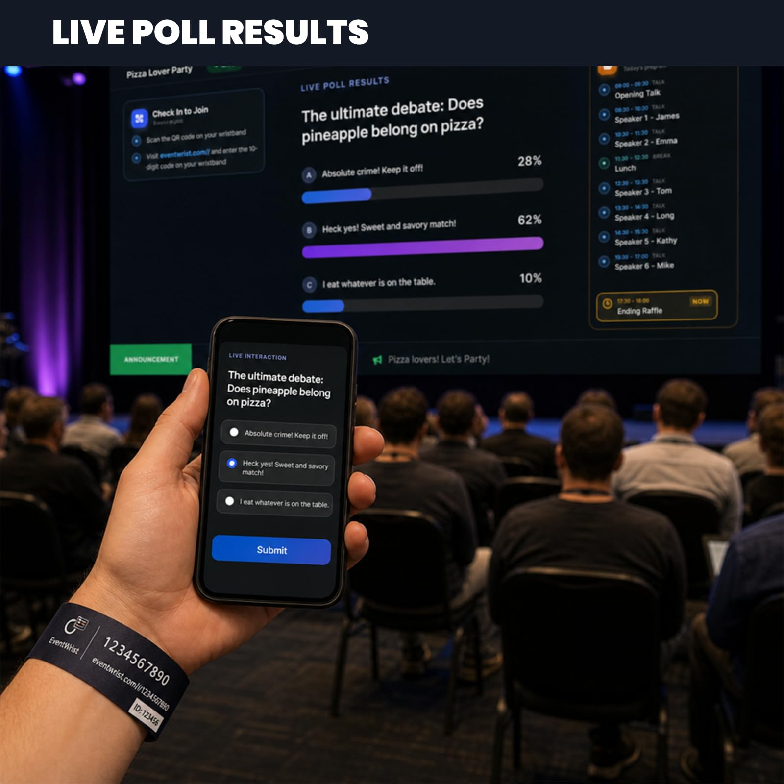 Braccialetti interattivi per eventi con coinvolgimento live screen | Braccialetti usa e getta per concerti, feste, festival ed eventi aziendali, sondaggi in tempo reale, chat wall e sistema di