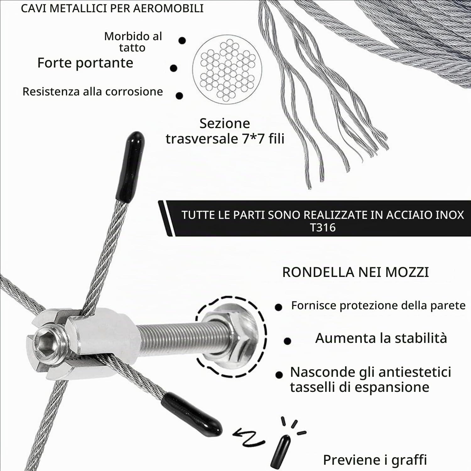 Supporto Per Piante Rampicanti In Acciaio Inox,Sistema Professionale Completo,Include Staffe Da Parete e Cavo Acciaio 3mm (8 Staffe,12 Metri Di Cavo) Stativi In Acciaio Inox Per Piante Rampicanti