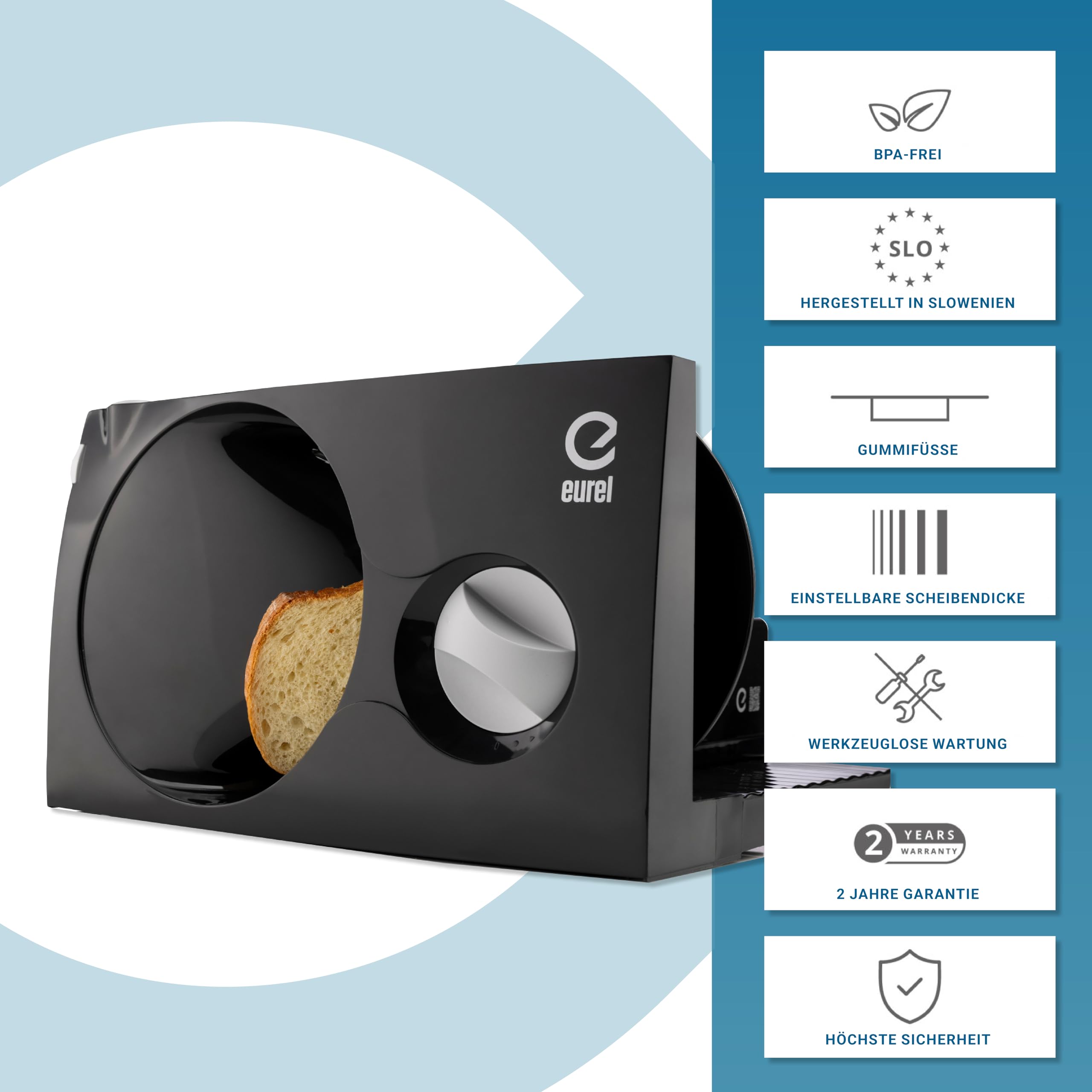 EUREL RS42 Allesschneider Elektrisch Schwarz – Brotschneidemaschine mit Edelstahlklinge Ø170 mm, Schnittstärke 0–17 mm, BPA-frei, EcoDrive 80W