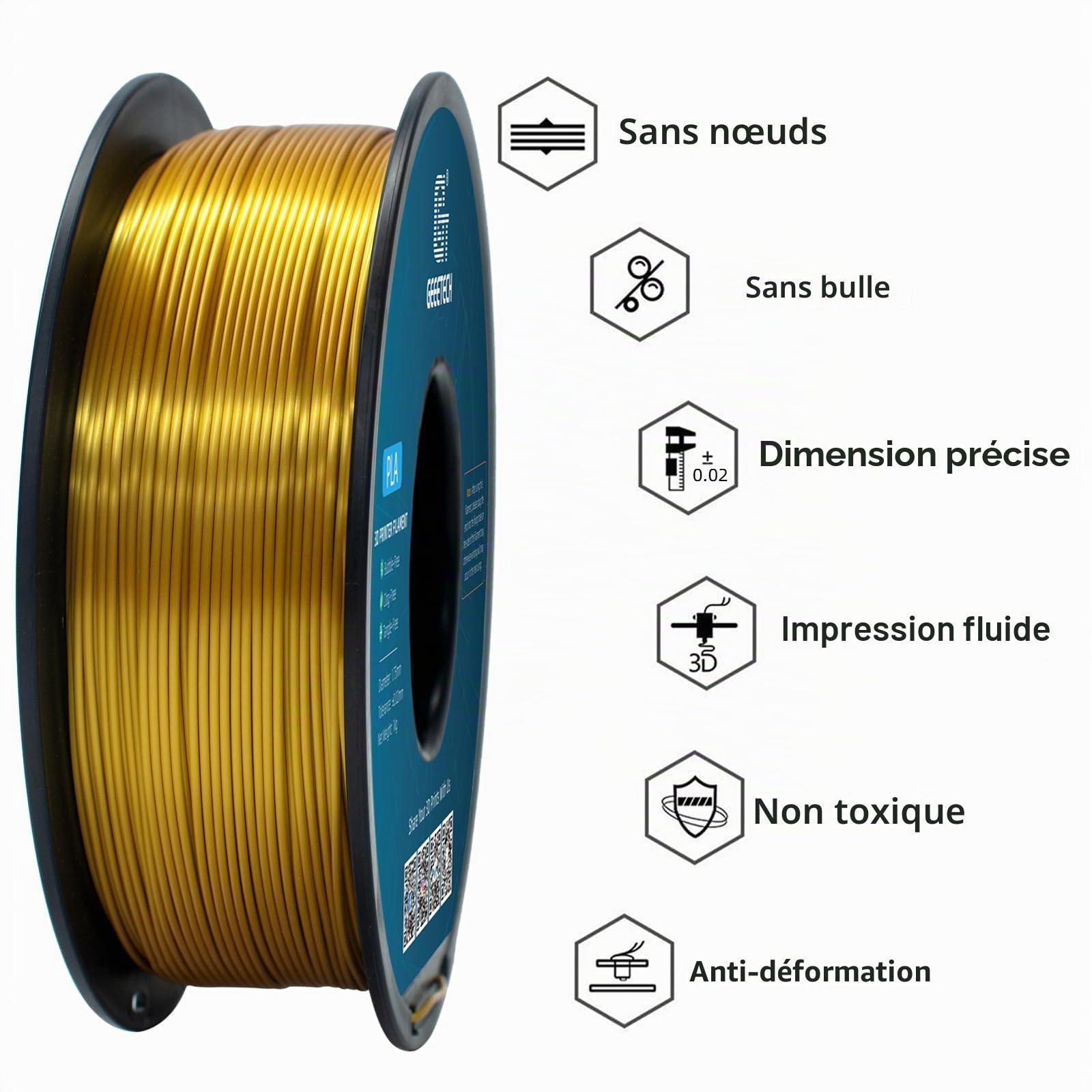 GEEETECH Filament PLA Silk 1,75 mm,PLA soie pour imprimante 3D,Bobine de 1 kg, Silk Or