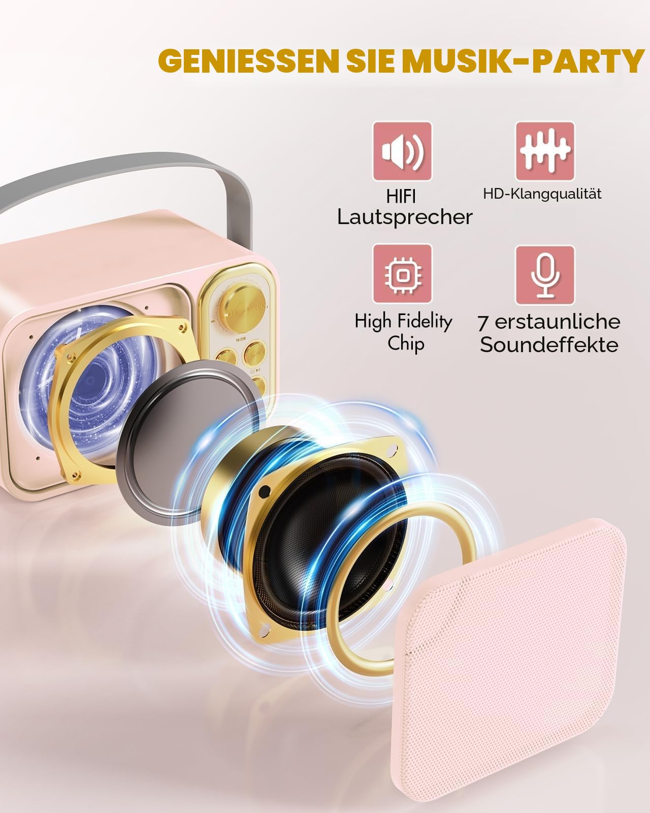 Karaoke Maschine mit 2 Mikrofonen, Mini Karaoke Anlage mit 7 Stimmeffekten, tragbare Bluetooth Karaoke Lautsprecher für Kinder & Erwachsene, Perfekt für Partys, Geburtstage