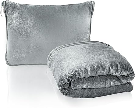 2 in 1 Travel Blanket and Pillow, Soft Micro Plush Portable Airplane Blanket, Ultralight Travel Blanket, Compact Foldable Flannel Blanket for Flights, Car, Business Trips