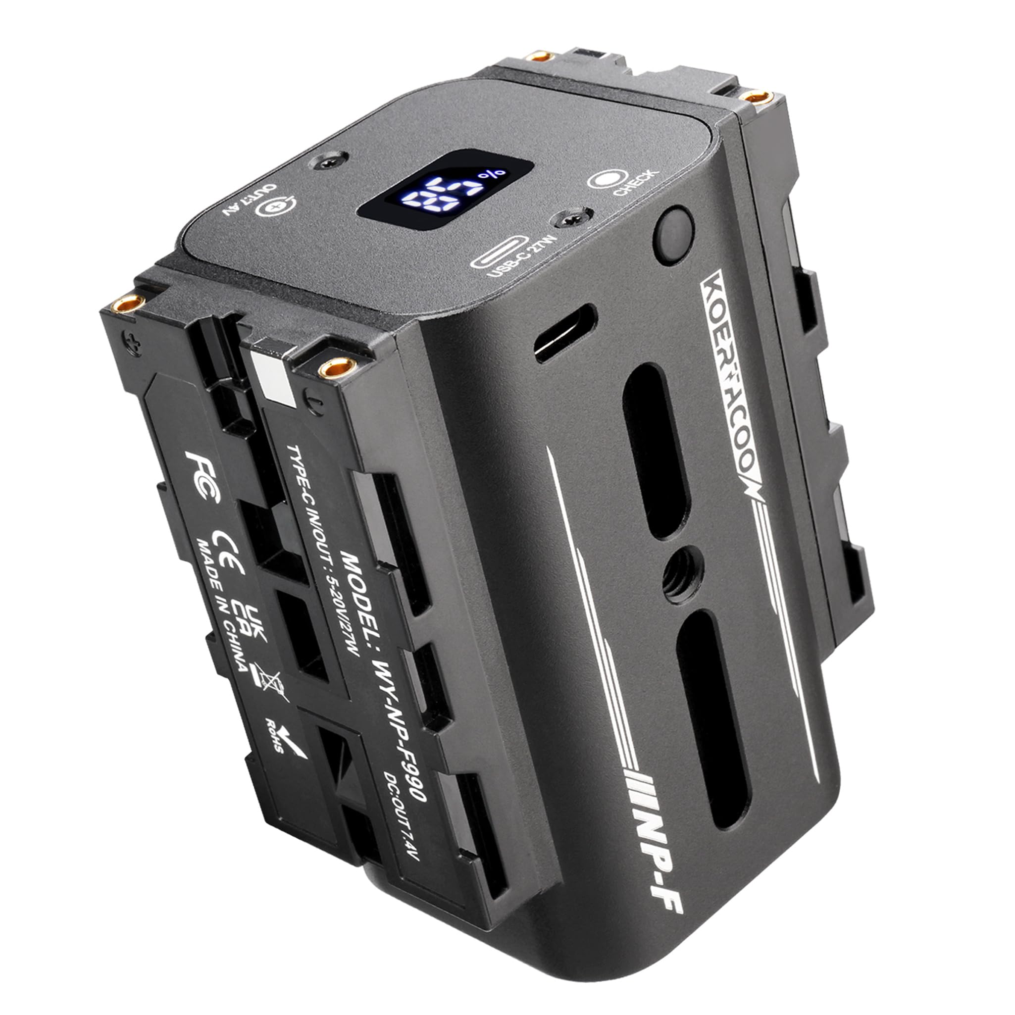 KOERTACOO Dual-Sided NP-F Battery (8700mAh), with DC 7.4V and Type-C Ports, LED Display, Replacement for Sony NP-F550/770/970 Battery, Suitable for LED Lights, Monitors, and Video Transmission.