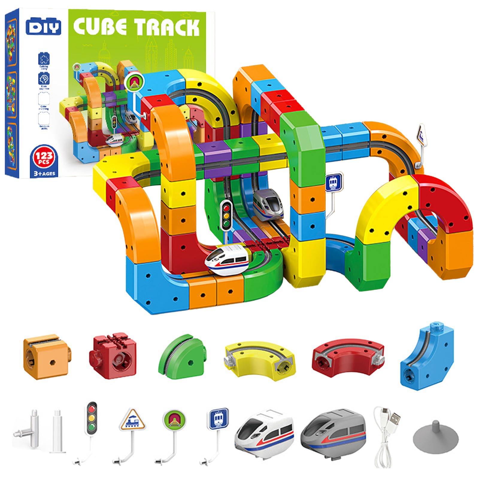 Magnetic Monorail Set, Magic Rail Cube Trackfusion Train Set, Flexible Race Track Gravity-defying 3D Embedded Layouts & Motorized Car, Diy Electric Building Kit Toy for Kids Ages 4-8 Deluxe Edition