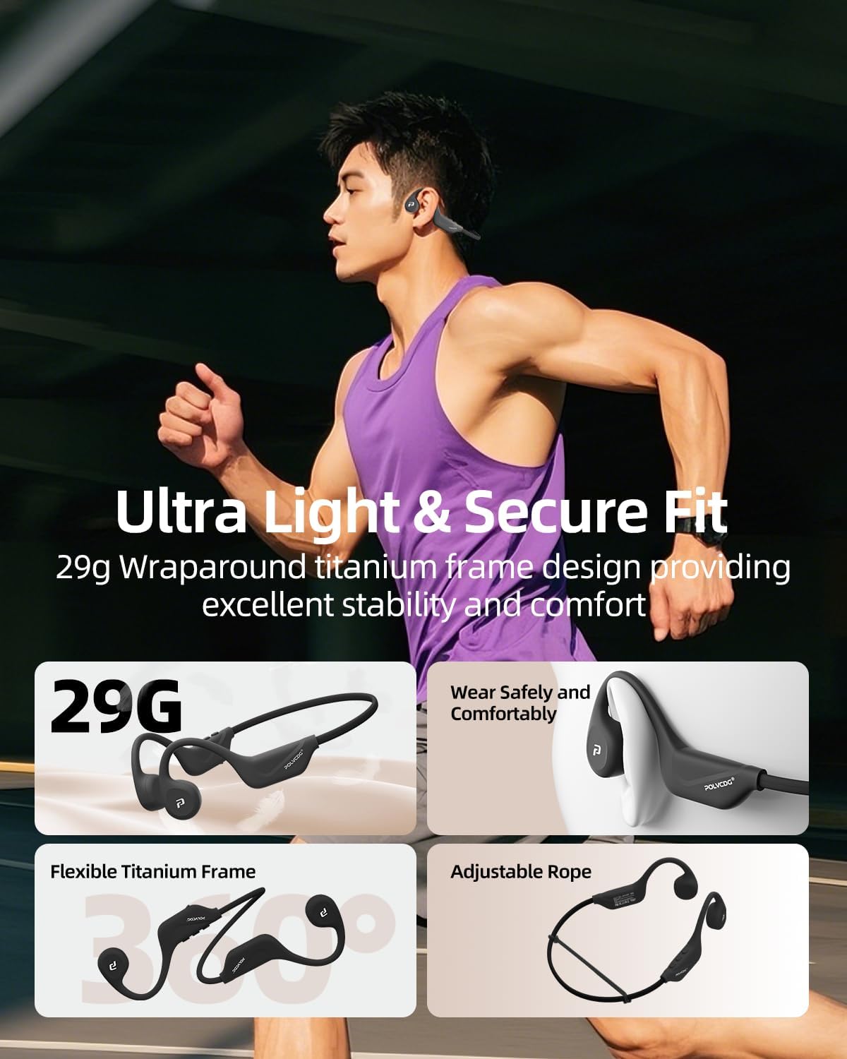 Bone Conduction Headphones,Open Ear Headphones with Mic,Wireless Bluetooth Running Headphones,IPX6 Waterproof Earbuds,Type-C Quick Charging Earphones for Sports Workout Hiking Cycling Gift - Image 4