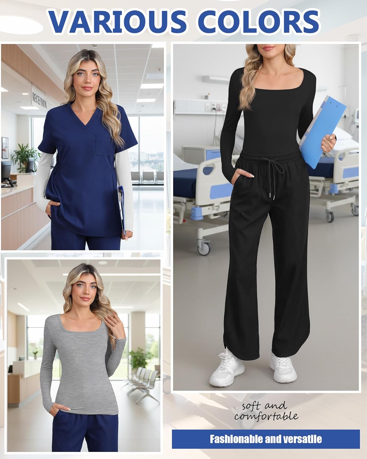 Neer 3 Pack Womens Underscrub Shirts Long Sleeve Square Neck Tops Scrub Tee Comfort Basic Layering Clothes for Nurse