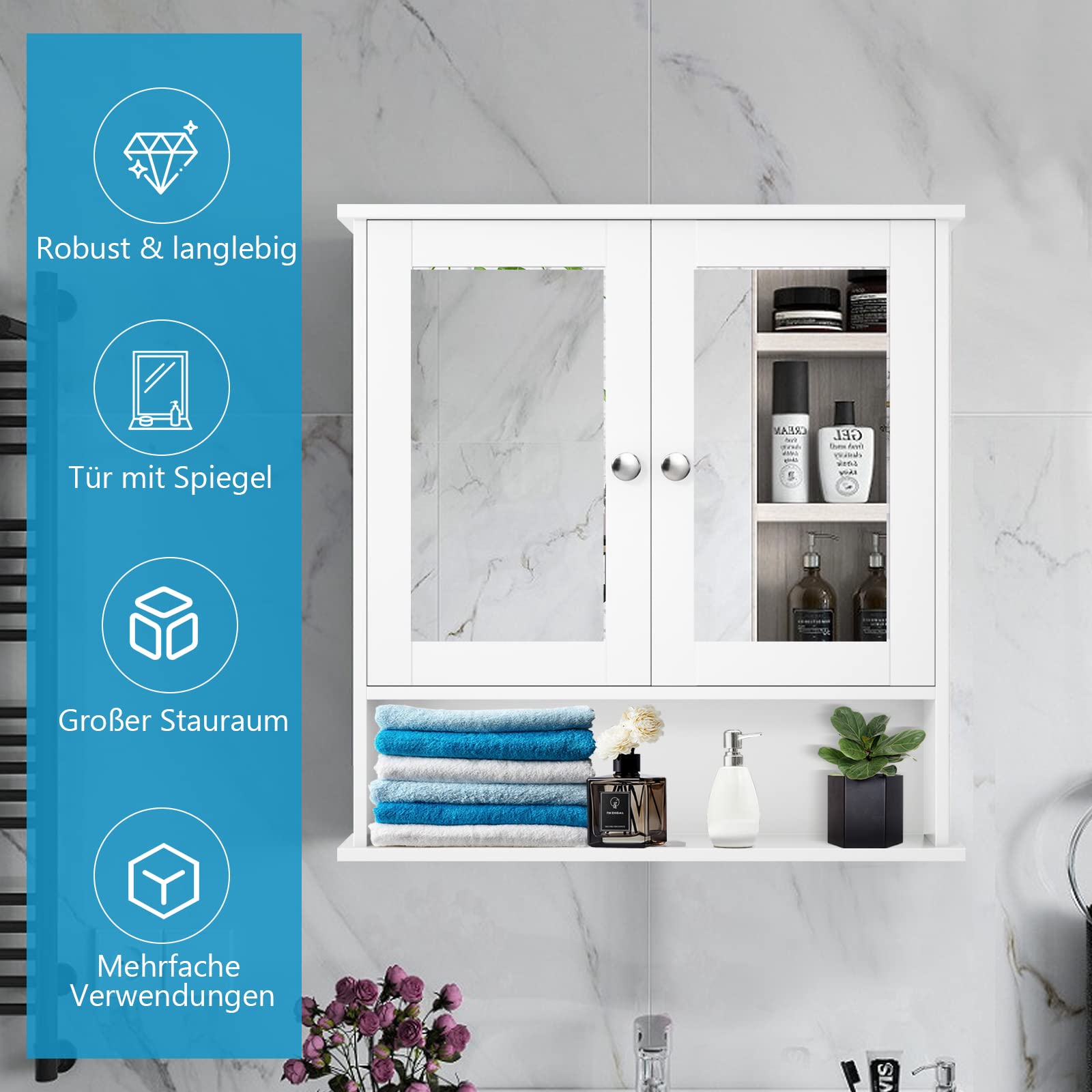 LIFEZEAL Mobiletto Bagno Salvaspazio con Contenitore, Specchio, Pensile Bagno Sospeso, Specchiera da Muro a 2 Ante, Armadietto, Mobile con Mensola, 2 Ripiani, Moderno, in Legno, 56x13x58cm (bianco)