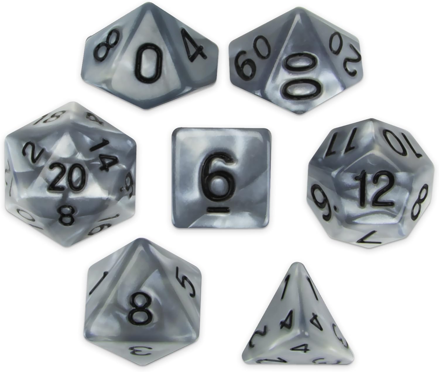 Wiz Dice Quicksilver Set of 7 Polyhedral Dice, Pearlescent Mercury Silver RPG Dice with Clear Display Box