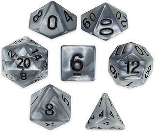 Wiz Dice Quicksilver Set of 7 Polyhedral Dice, Pearlescent Mercury Silver RPG Dice with Clear Display Box