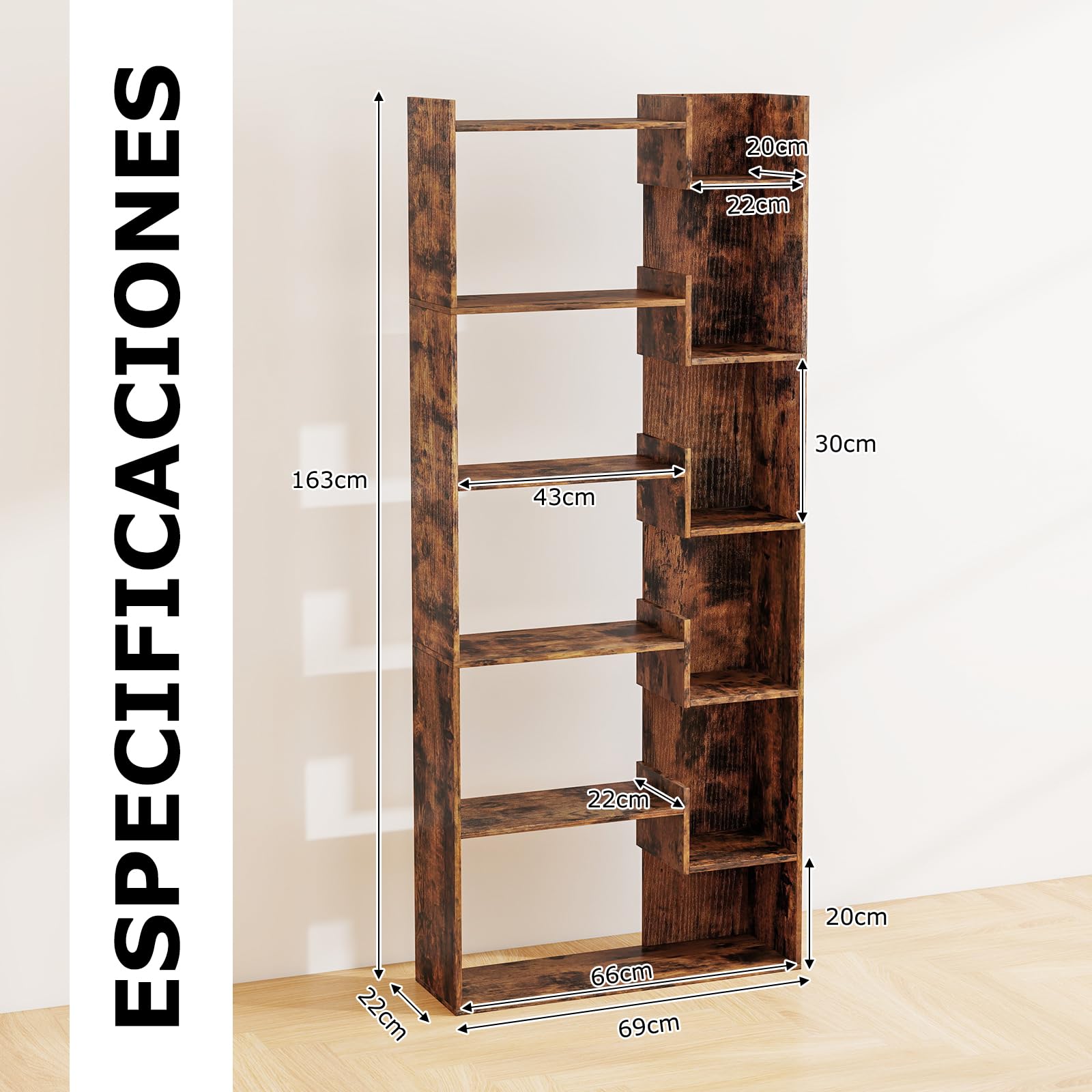 GOPLUS Librería de Madera de 6 Niveles, Estantería Alta con Sistema Antivuelco, Separador de Ambientes Independiente, Soporte de Exhibición para Dormitorio y Oficina (Marrón Rústico)