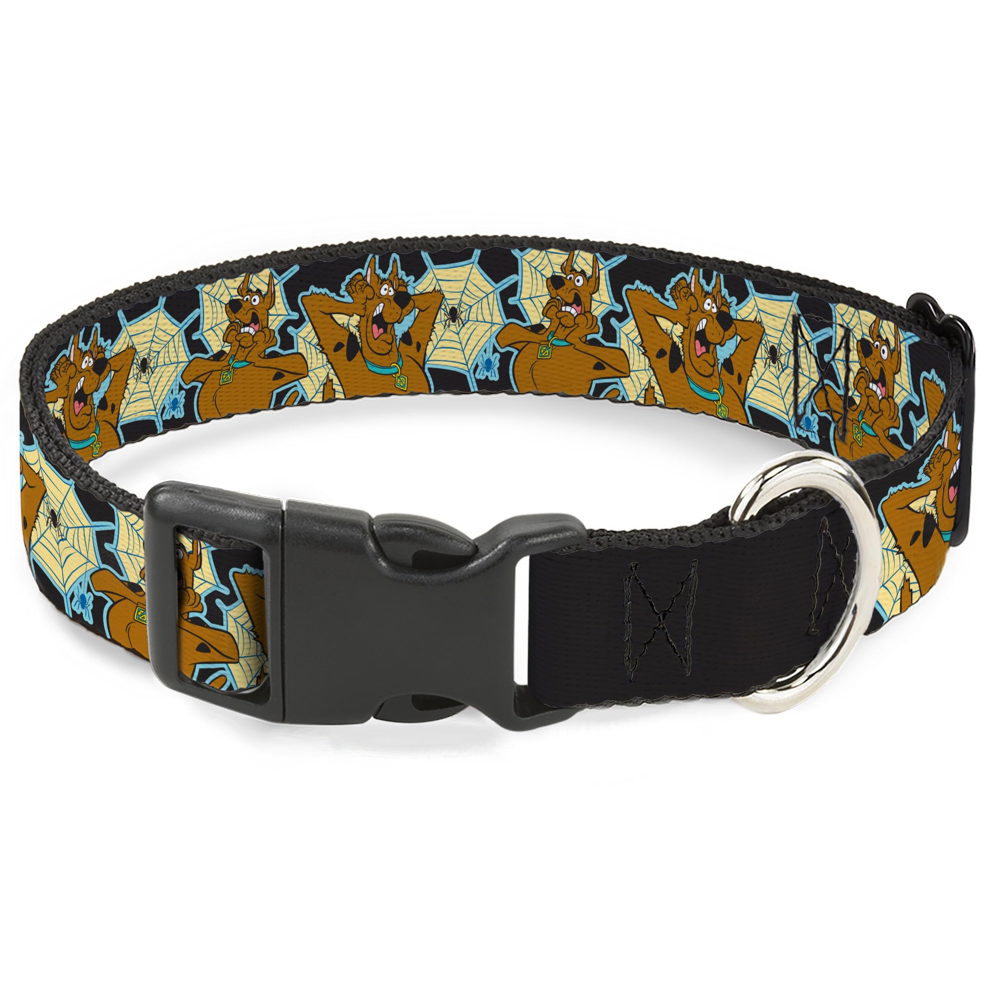 Scooby Doo Pet Collar, Dog Collar Plastic Buckle, Scooby Doo Scared Spider Web Poses Black, 13 to 17 Inches 1.5 Inch Wide