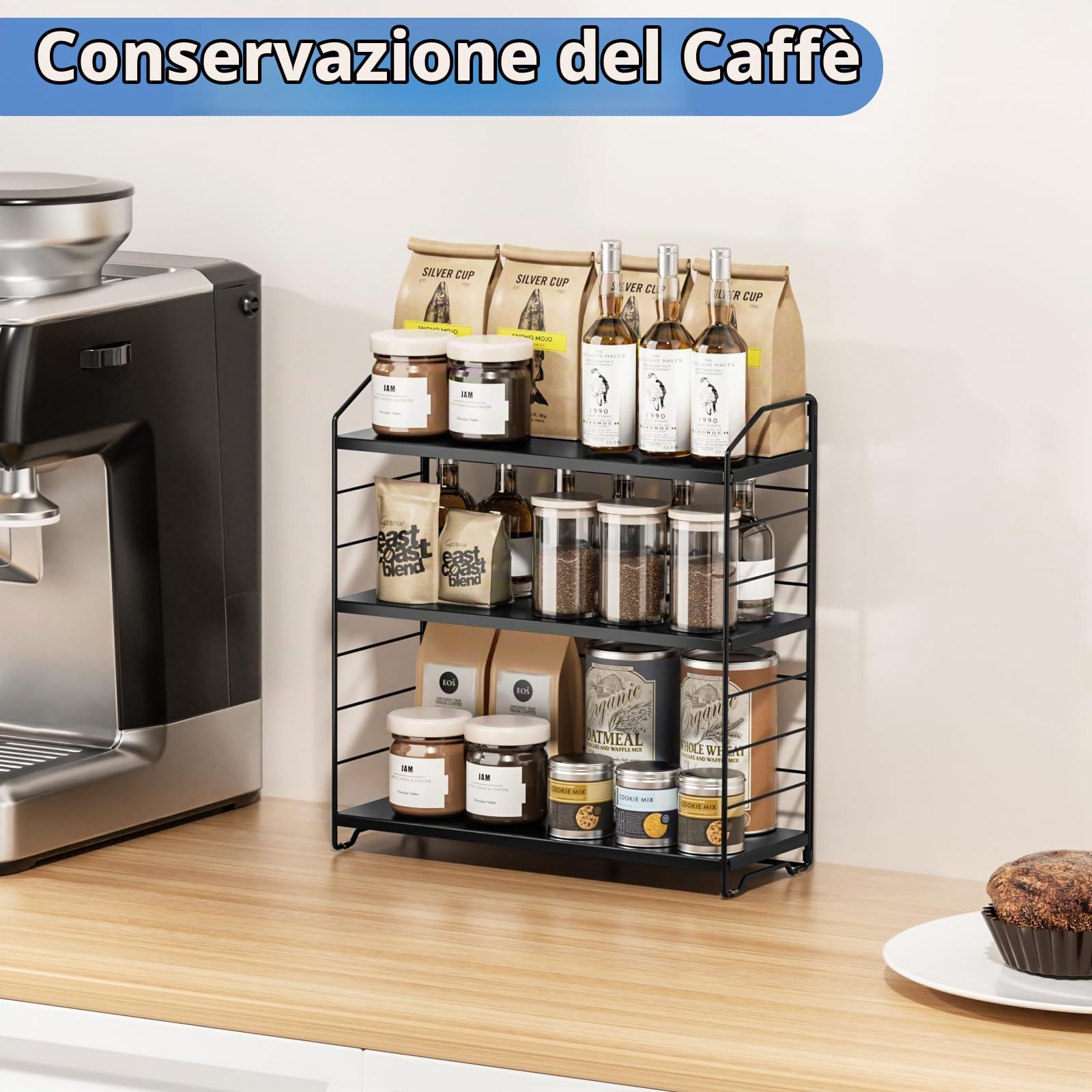 Porta Spezie a 3 Ripianii, Porta Spezie Per Cucina, Nero | Scaffale da Cucina a 3 Ripiani, Design regolabile in altezza, Metallo di alta qualità, per Cucina, Sala da Pranzo, Ufficio