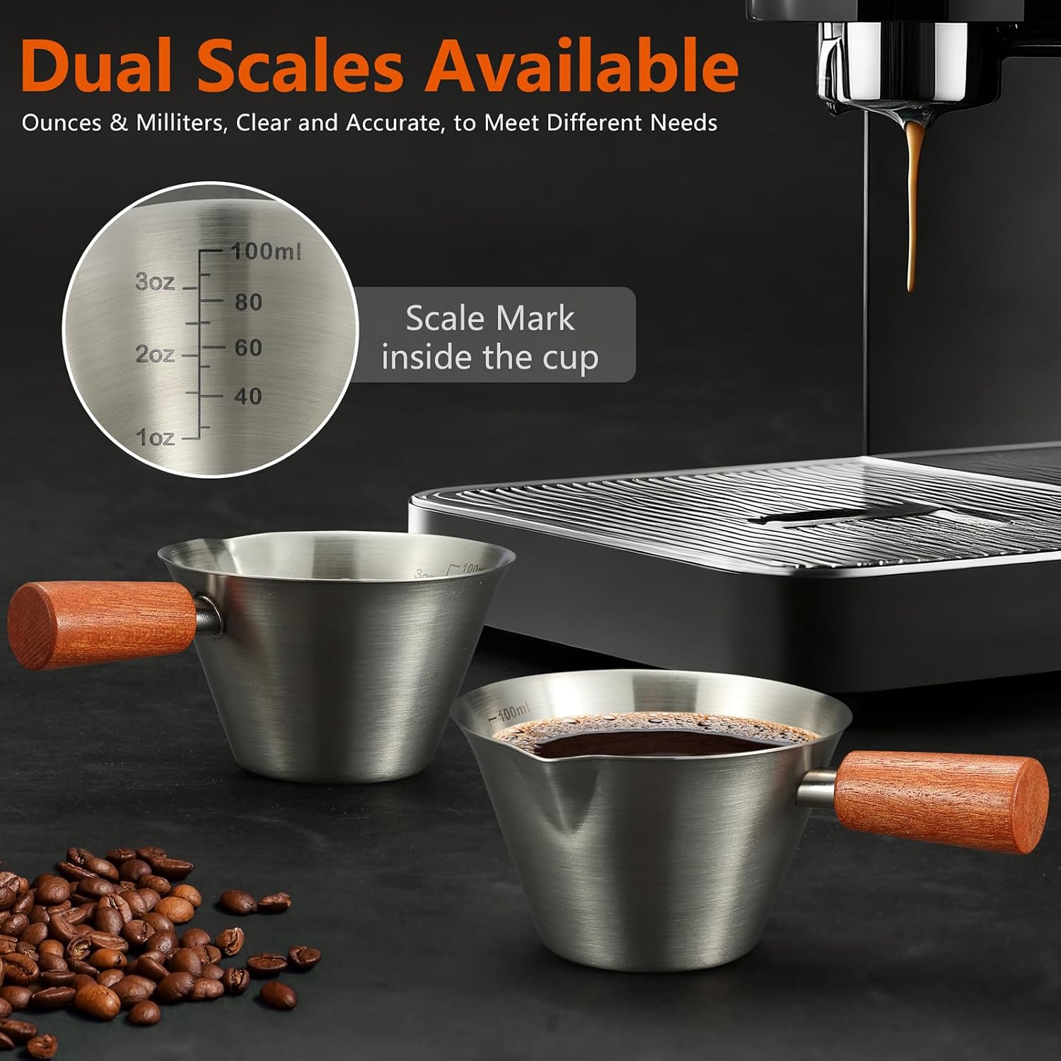 3.4 oz/100 ml Stainless Steel Espresso Cups, V-Shaped Spouts Metal Measuring Cup,Espresso Shots Cup with Handle, Espresso Accessories