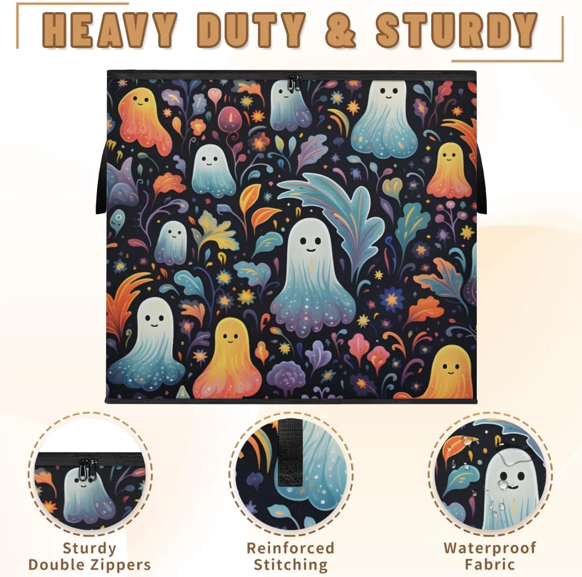 Honeybaby 214L Extra Large Comforter Storage Bag Ghosts Cute Halloween Storage Totes with Lids Waterproof Closet Organizer Folding Blanket Storage Bags for Clothes Bedding Pillows