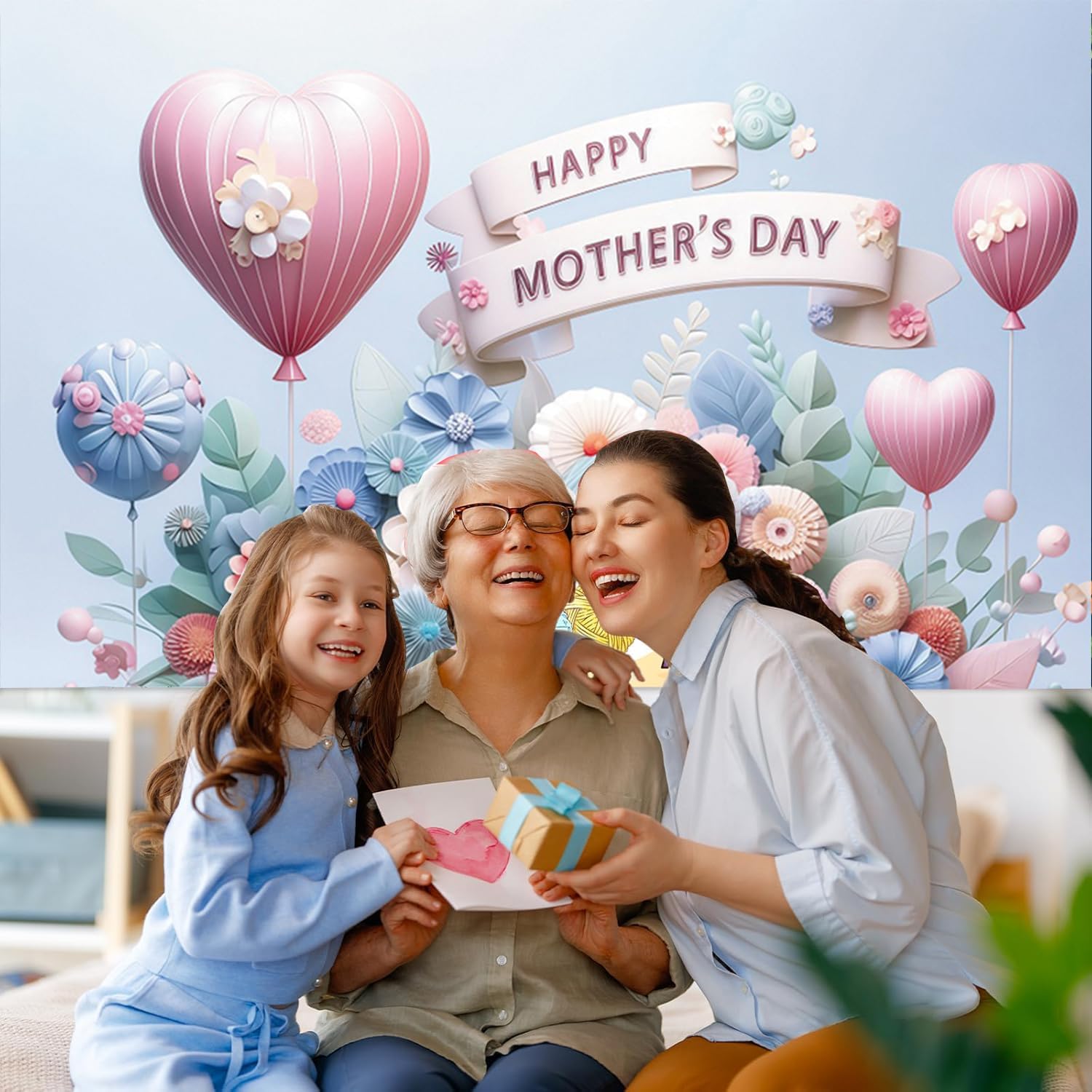 Happy Mothers Day Backdrop 10x8ft Pink Blue Art Floral Mother's Day Photo Backdrops for Photography Flowers Balloons for Mother's Day Family Photoshoot Decorations Party Supplies