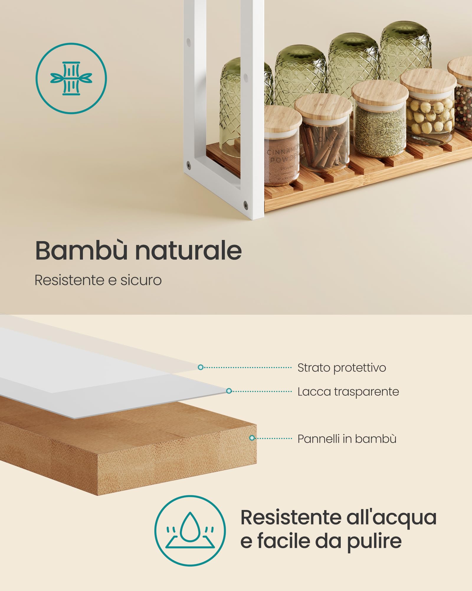 SONGMICS Mensole da Bagno, Scaffale da Bagno con 3 Ripiani Regolabili in Bambù, da Parete o da Terra, Porta Piante, per Soggiorno Balcone Cucina, 60 x 15 x 54 cm, Naturale e Bianco BCB13WN