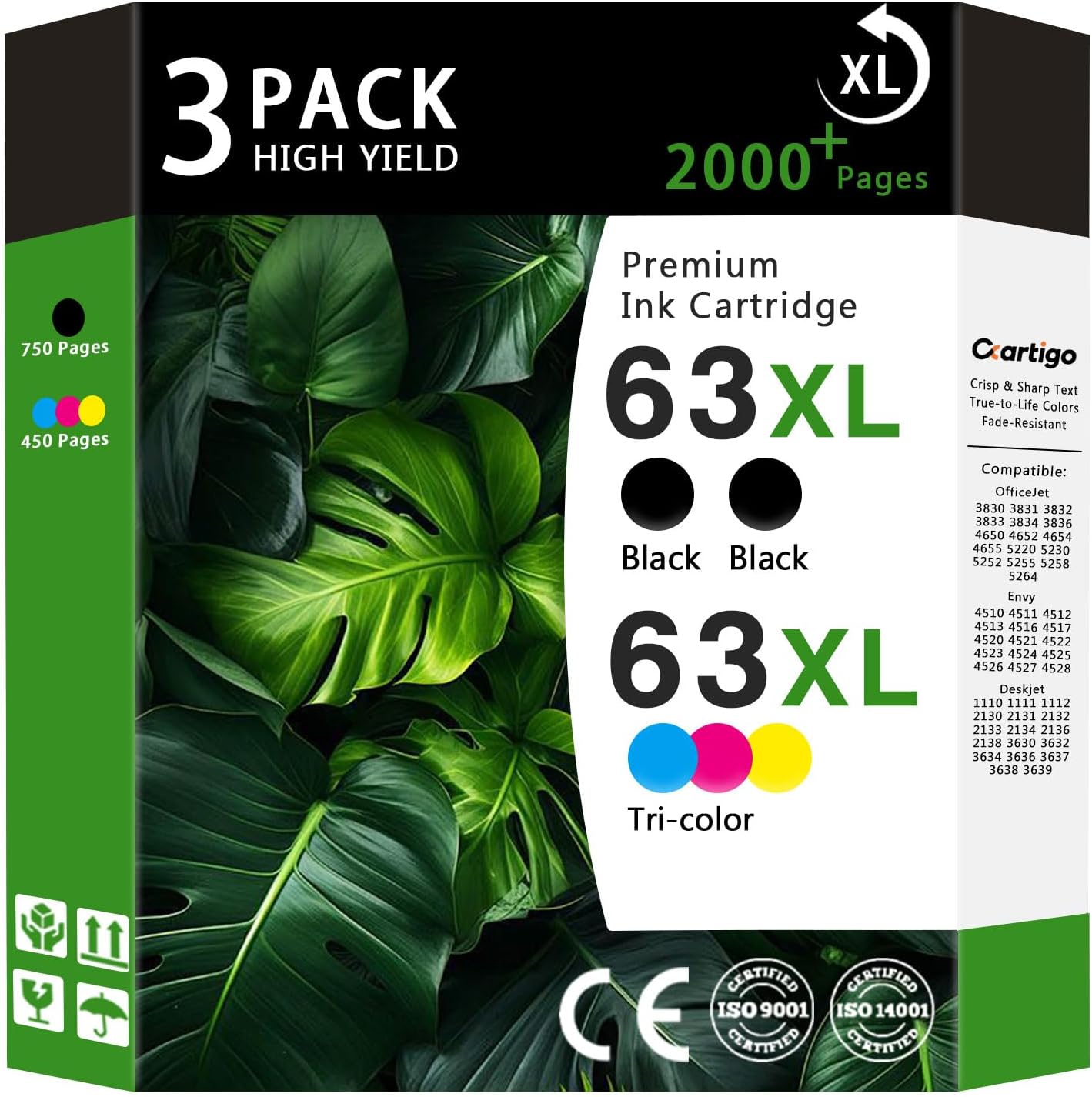 63XL High Yield Ink Cartridges Combo Pack (2 Black/1 Tri-Color 3-Pack) Compatible for HP 63XL 63 Replacement for HP Envy 4510 4511 4512 OfficeJet 3830 3831 3832 Deskjet 1110 1111 2130 Series Printers