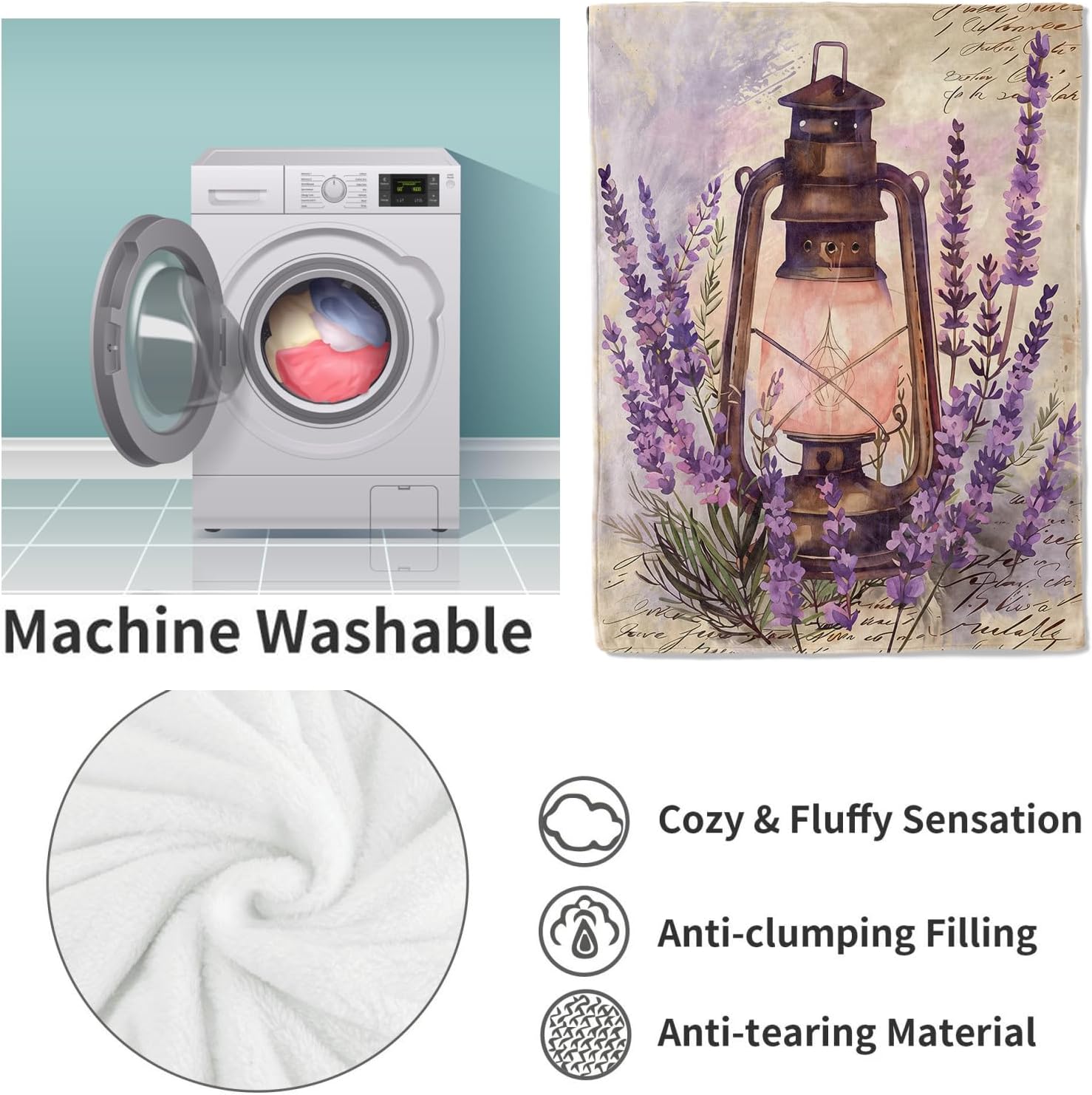 Vintage Lantern and Lavender Blanket Gifts for Women, Rustic Floral Theme Flannel Blanket, Soft Warm Lightweight Throw Blankets for Bedding Sofa Couch Home Travel Decor 50" x 60" - Image 4